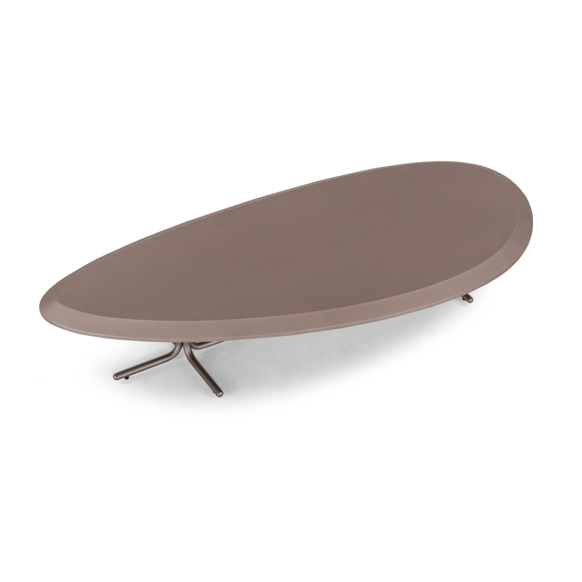 An oval-shaped coffee table with a chocolate brown finish and a metal base.