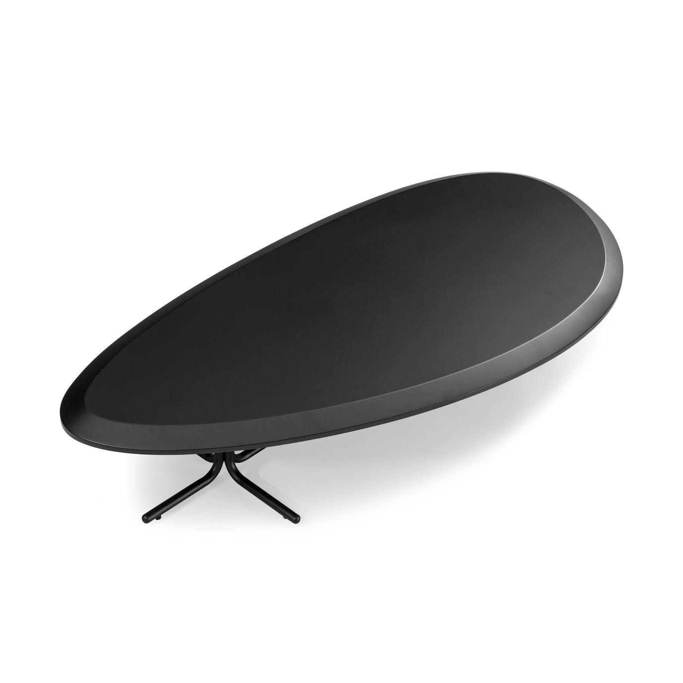 A round black coffee table with a single central pedestal base.