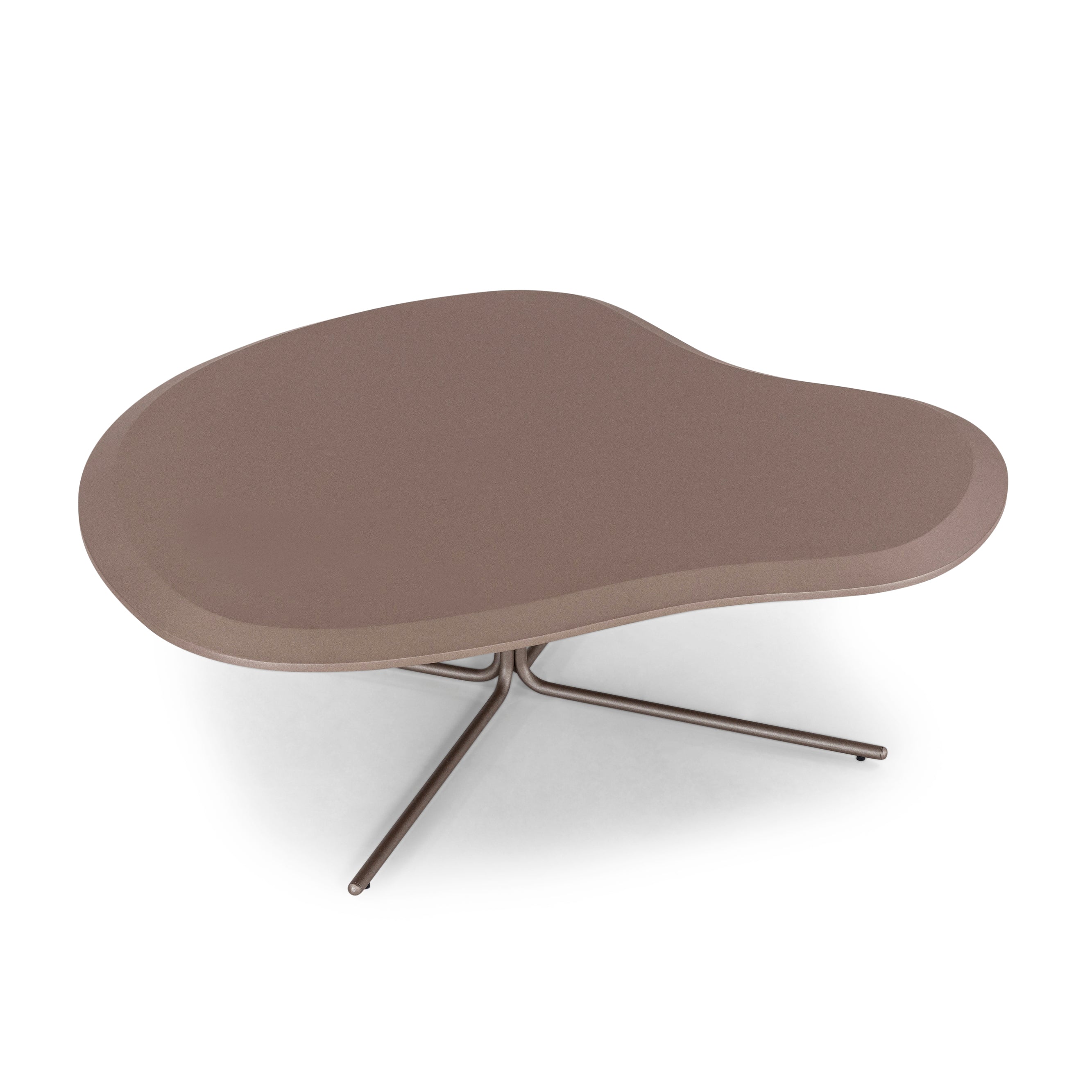A brown, modern style coffee table with a flat top and metal legs.