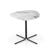 A round coffee table with a marble top and a black metal base with a cross-shaped design.
