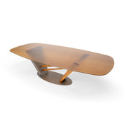 Wooden table with a unique design on a white background