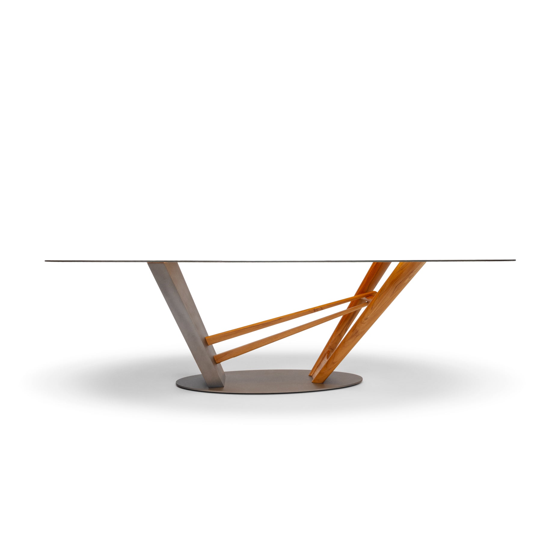 Modern glass table with wooden base on a white background