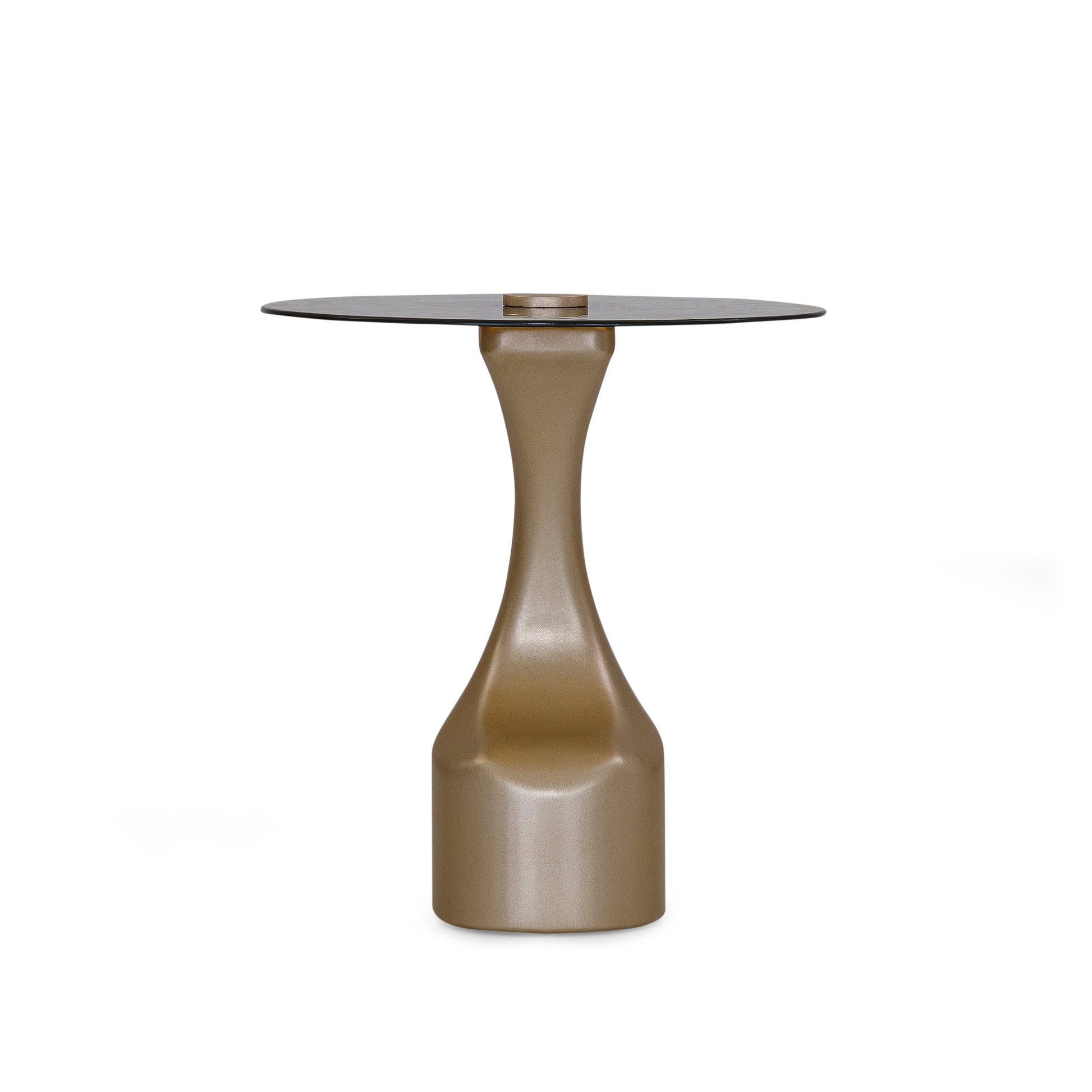 Bronze pedestal table with glass top on a white background