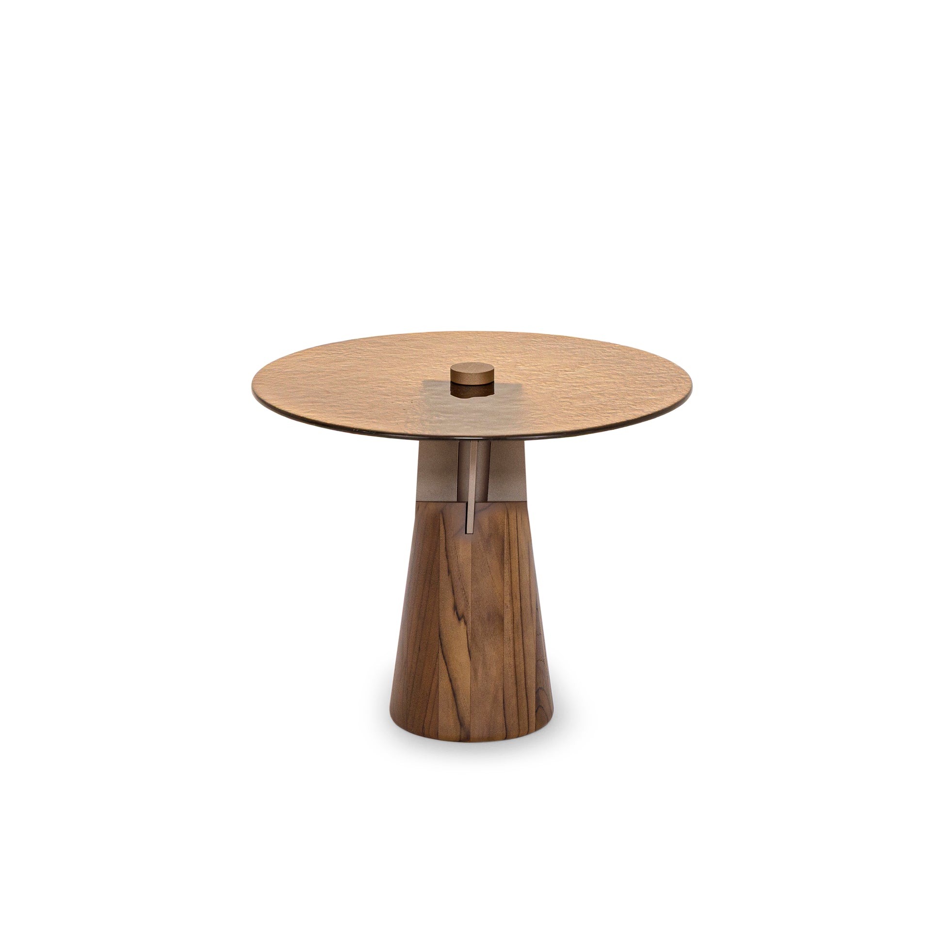 Wooden side table with round top and unique base design on a white background