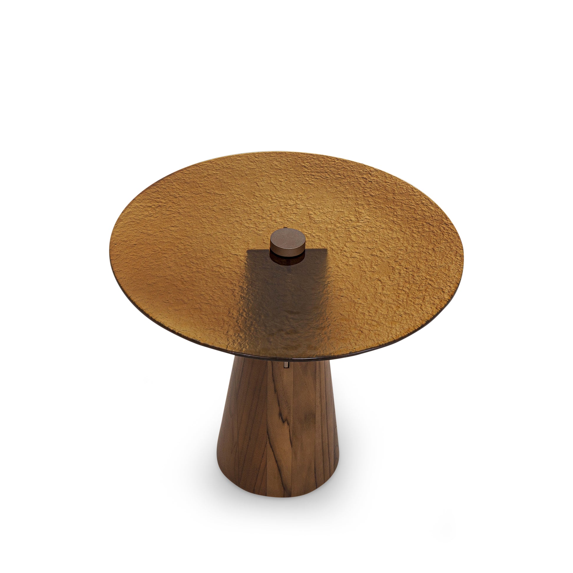 Wooden side table with a textured round top on a white background