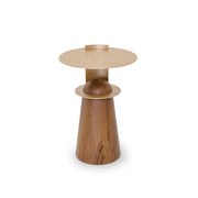 Two-tiered wooden table with gold accents on a white background