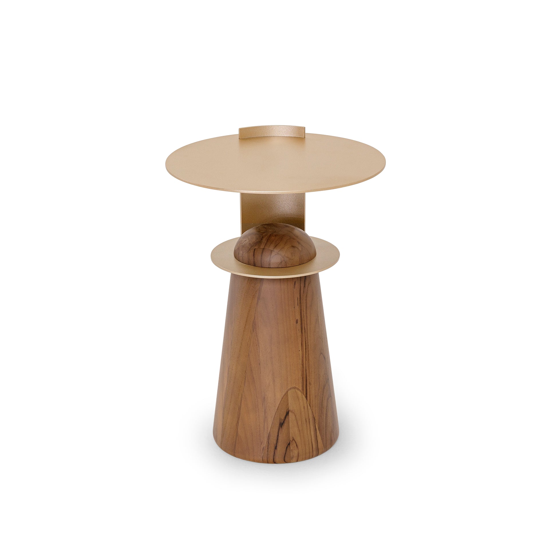 Two-tiered wooden table with gold accents on a white background