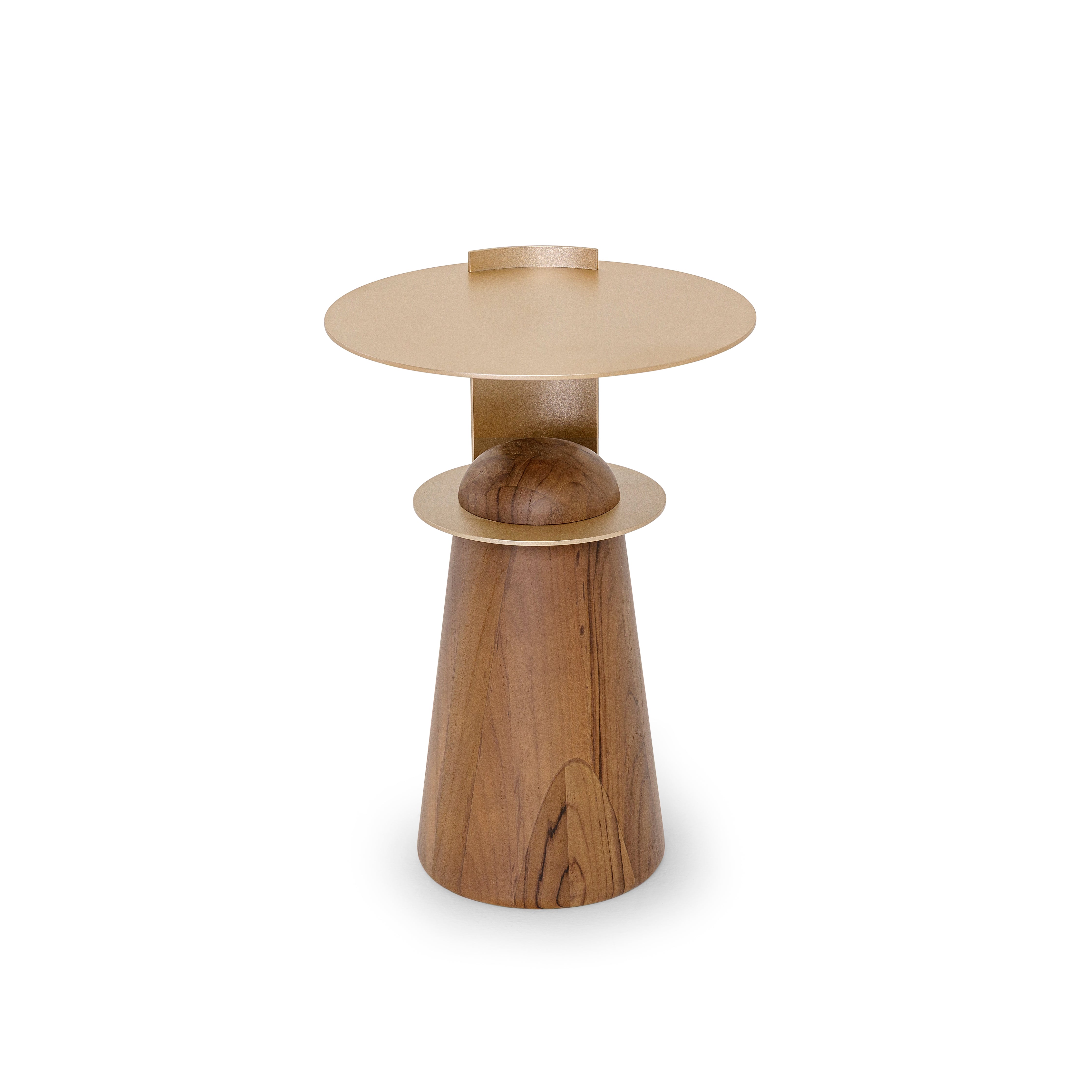 Two-tiered wooden table with gold accents on a white background