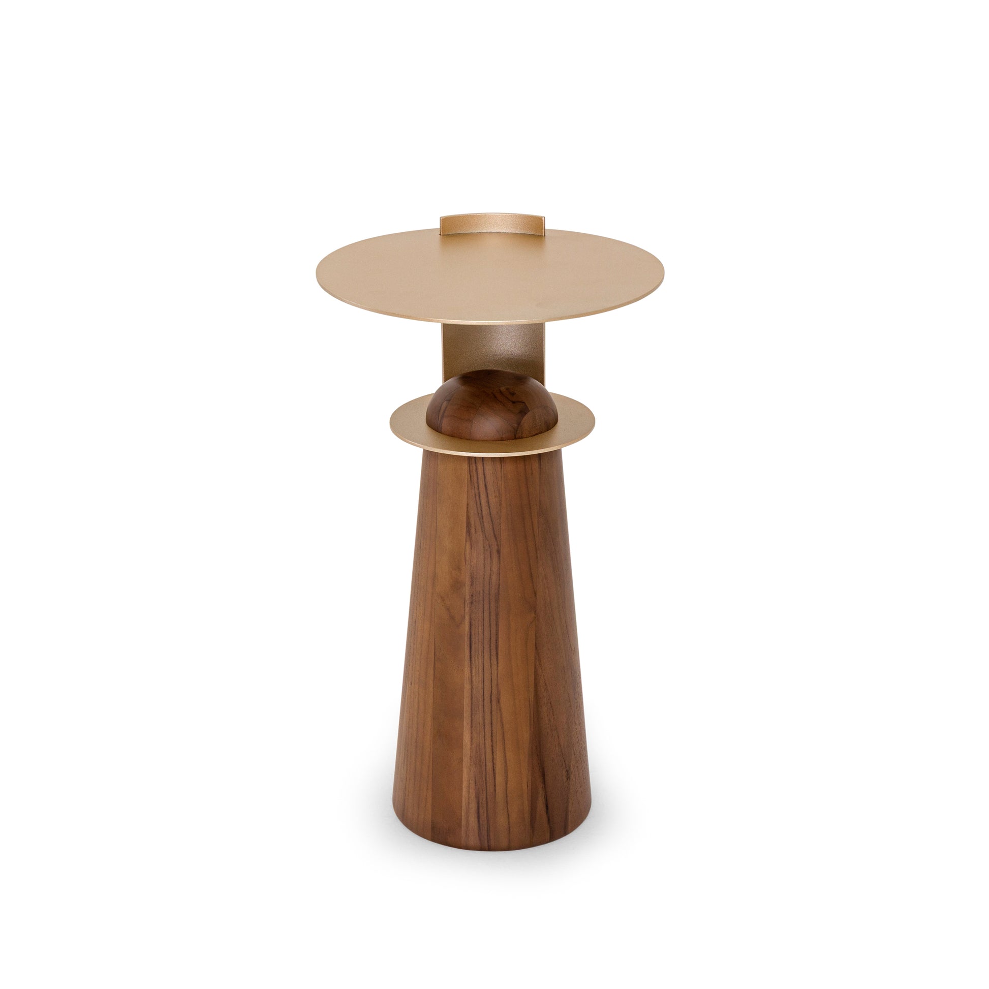 Two-toned side table with gold top and wooden base on a white background