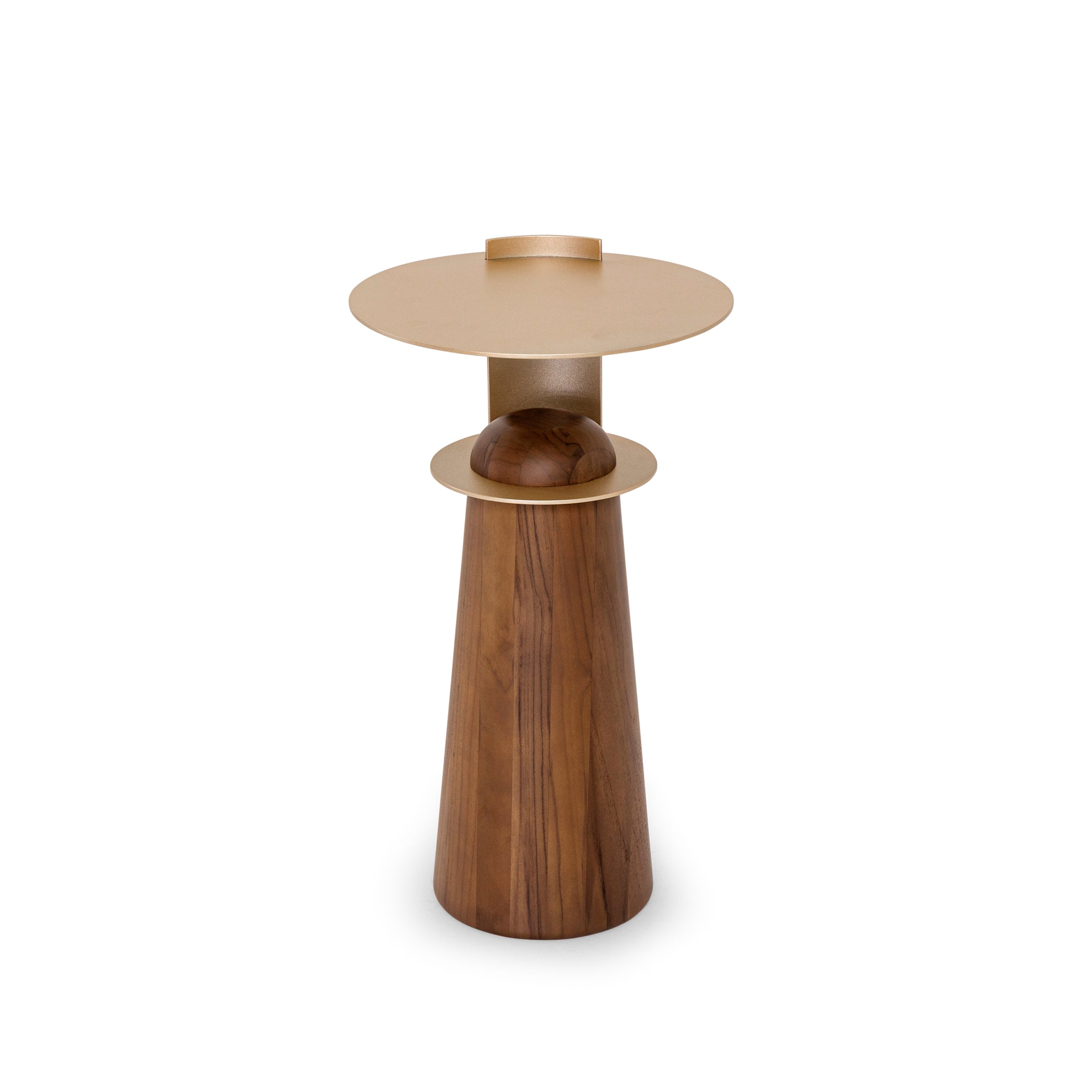 Two-toned side table with gold top and wooden base on a white background