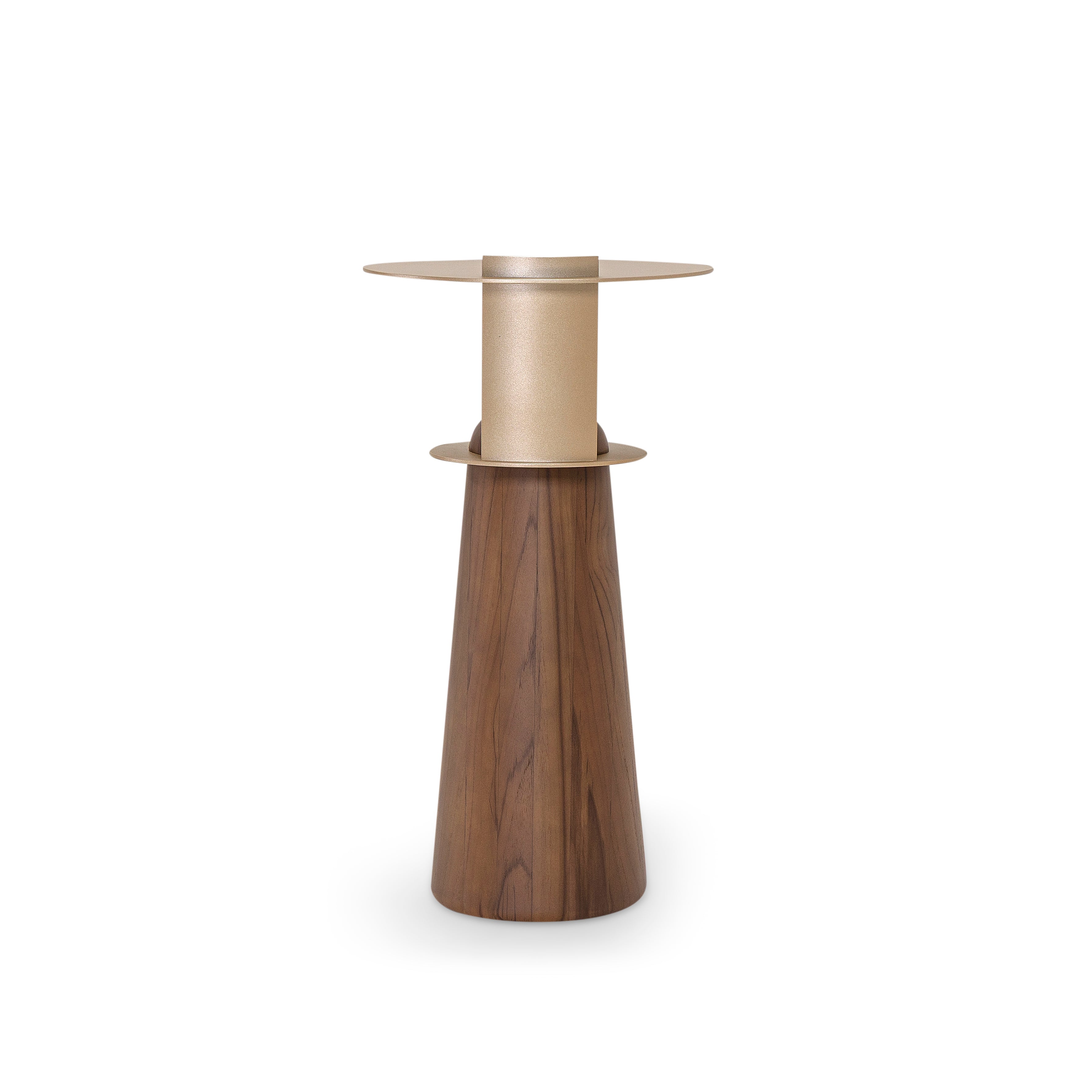 Two-tiered table with brass top and wooden base on a white background