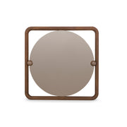 Round mirror with a square wooden frame on a white background