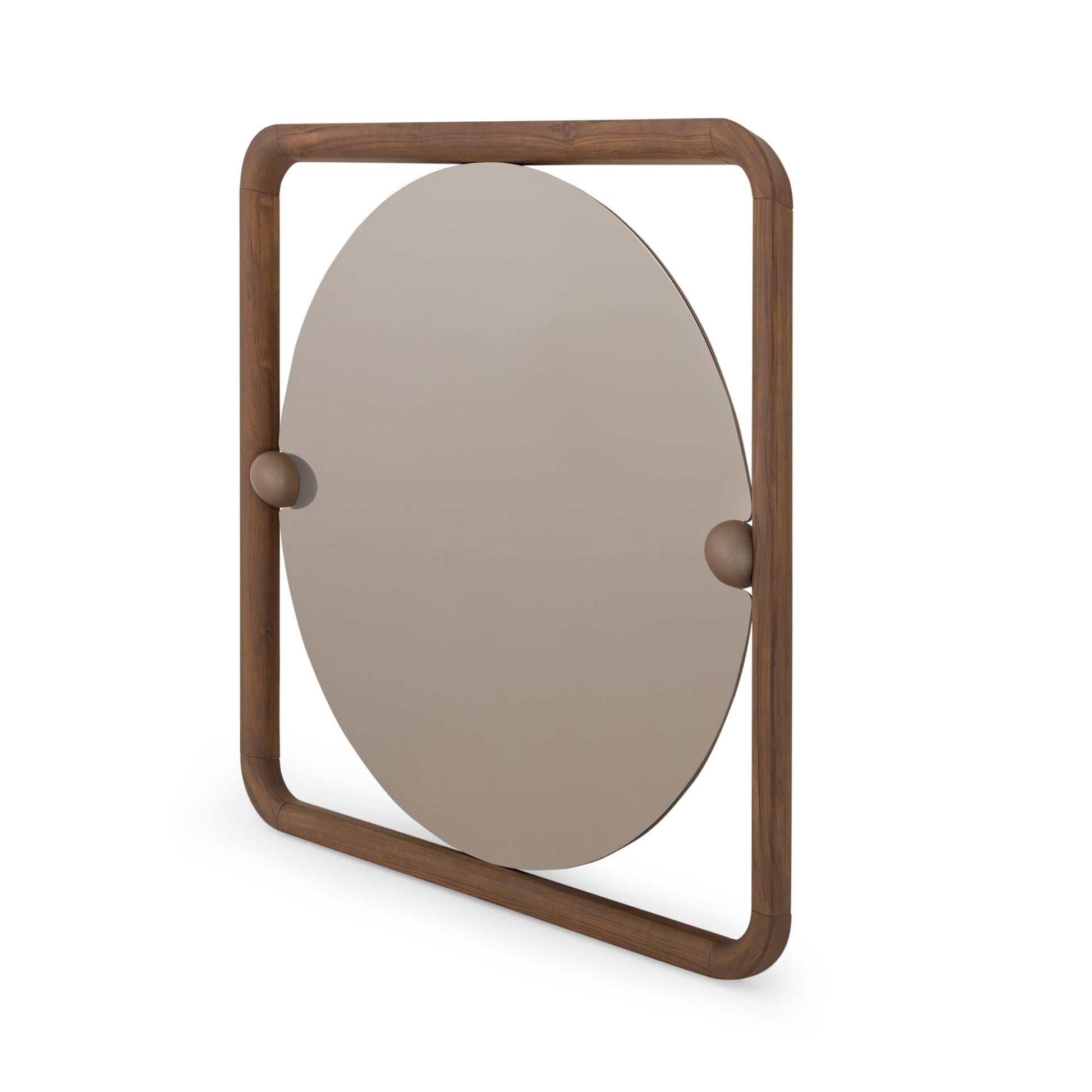 Round mirror with wooden frame on a white background
