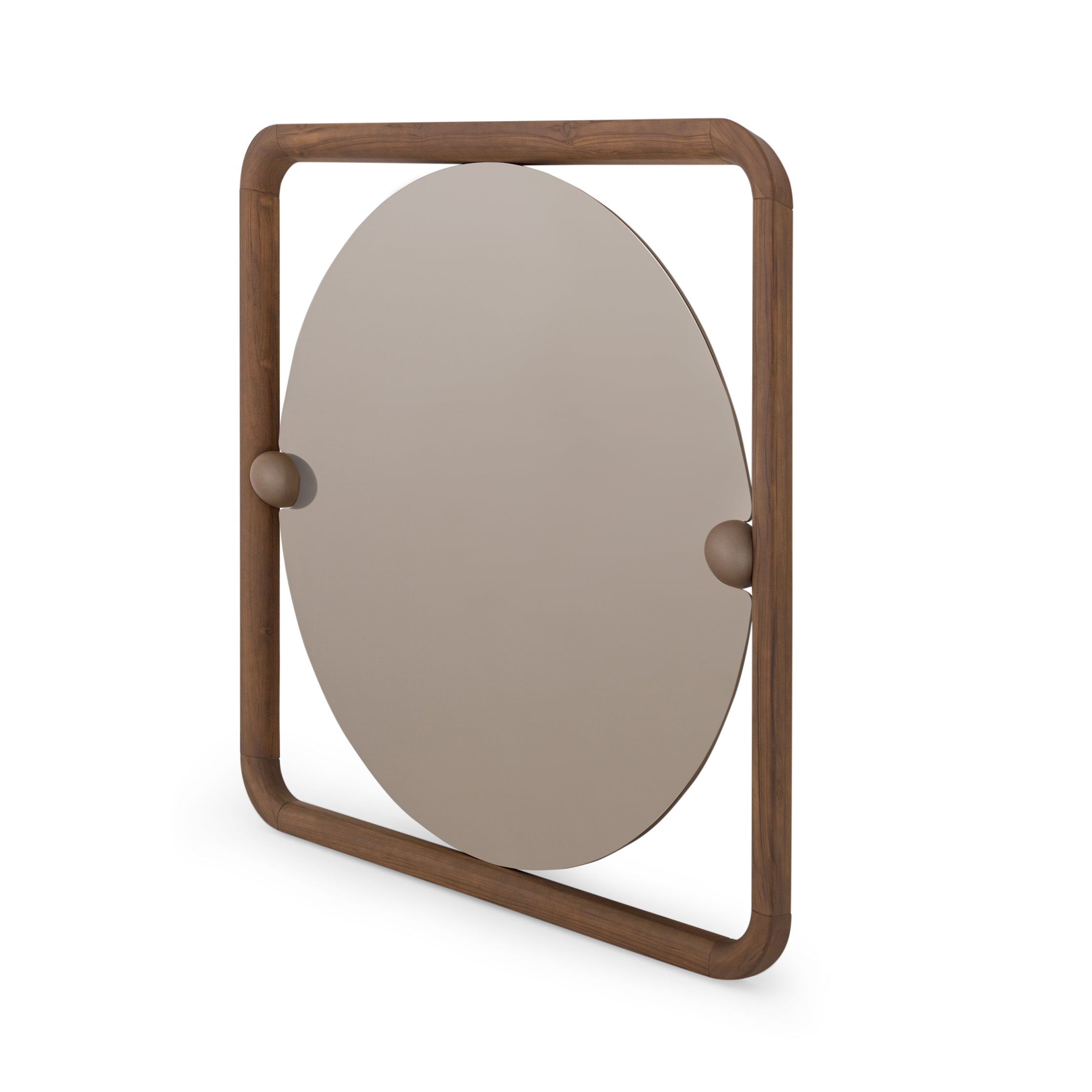 Round mirror with wooden frame on a white background