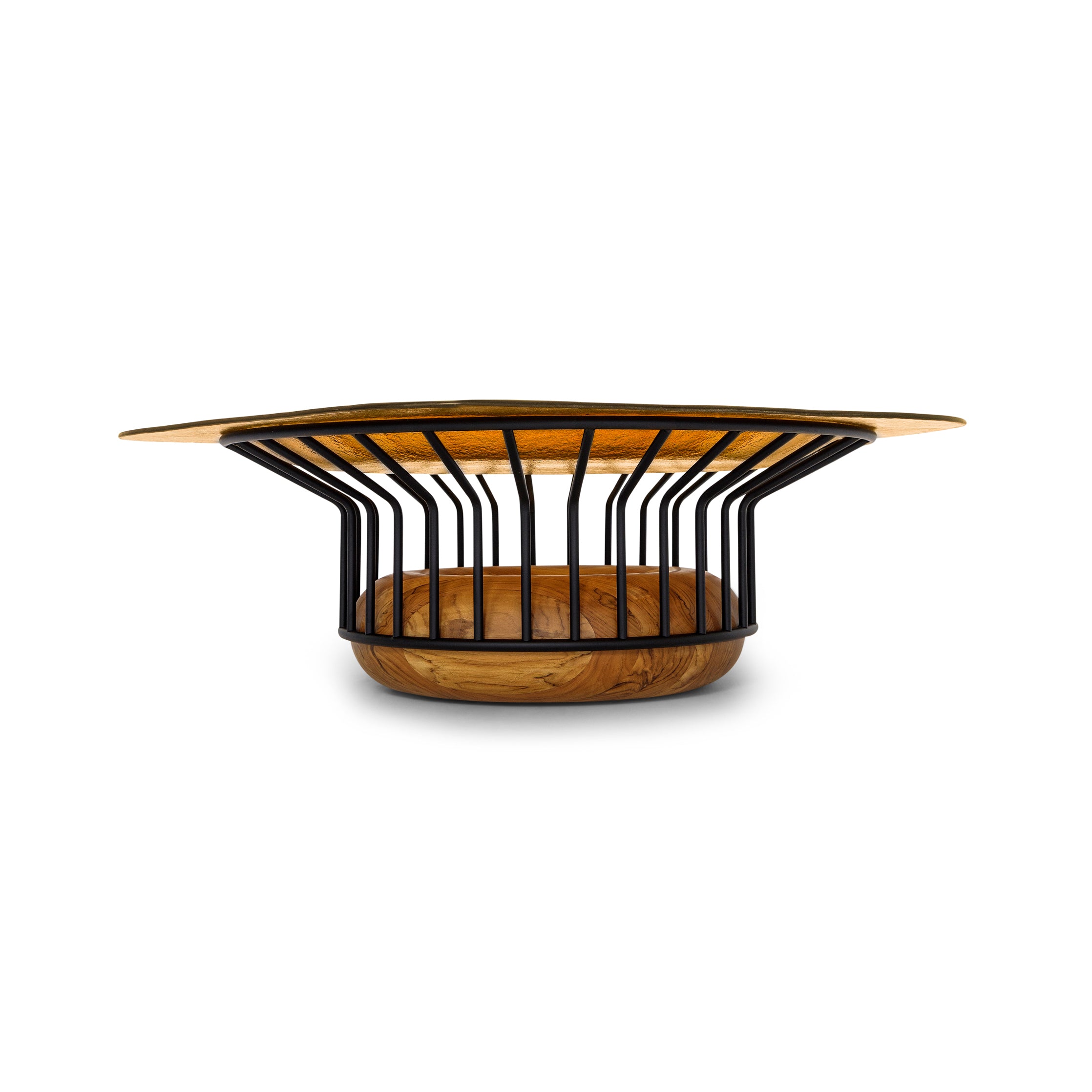 A modern oval coffee table with a natural wood top, a black metal wire frame structure, and a round wooden base, shown on a plain white background.