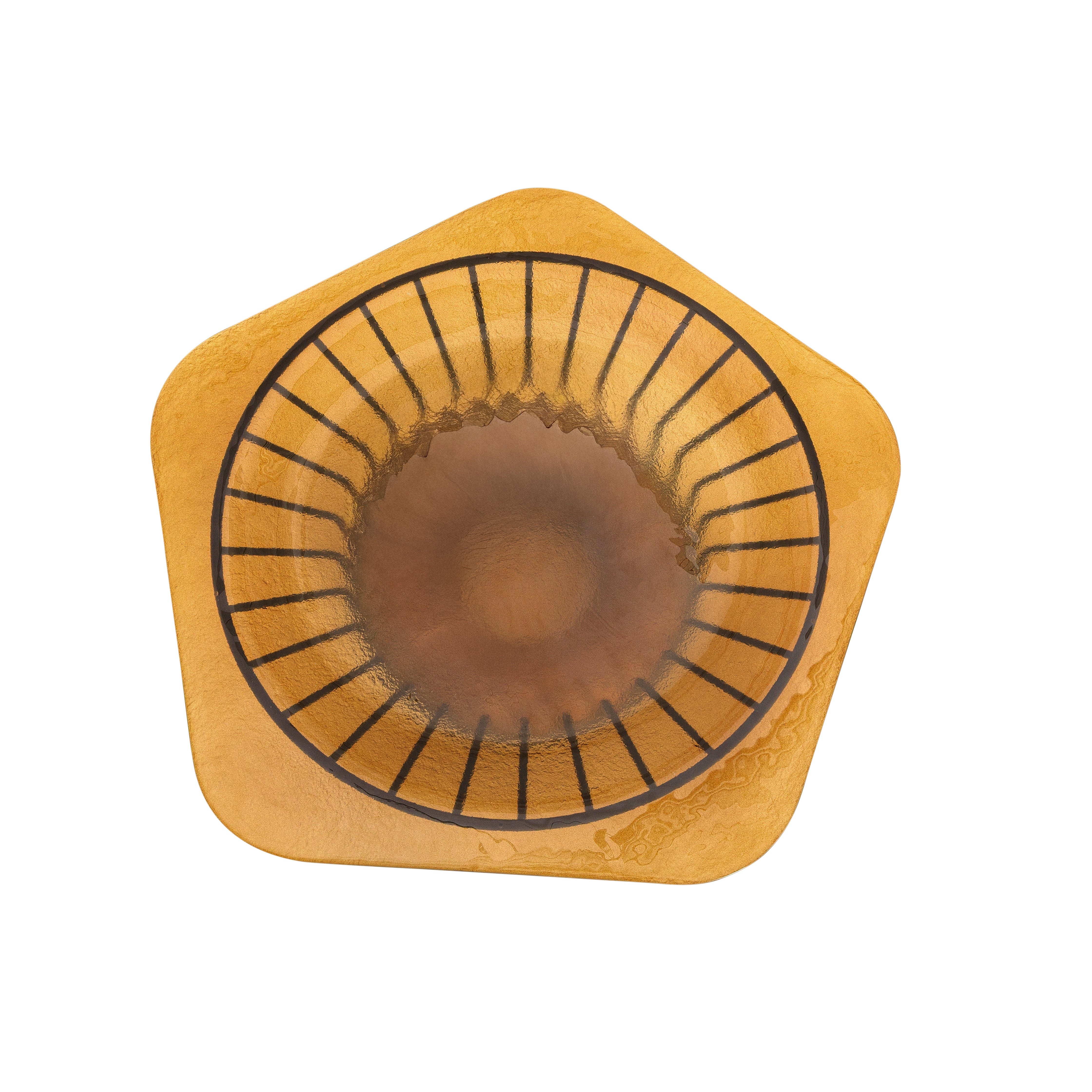 A hexagonal wooden coffee dripper with a natural golden-brown finish and black printed radial lines, shown from a top-down view on a white background.
