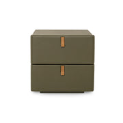 Green two-drawer nightstand with wooden handles on a white background