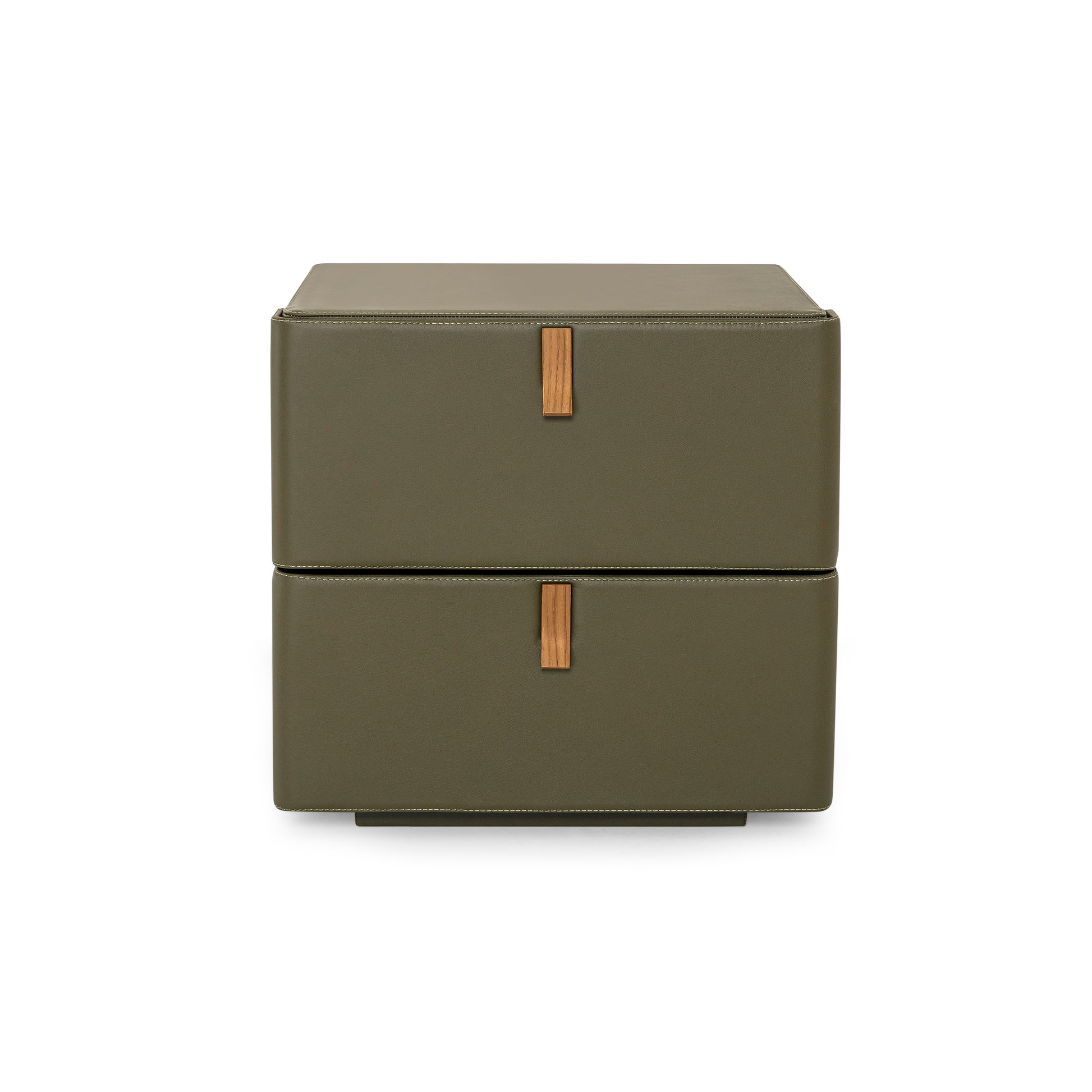 Green two-drawer nightstand with wooden handles on a white background