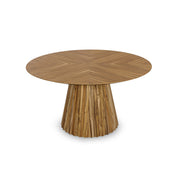 Wooden round table with a unique base design on a white background