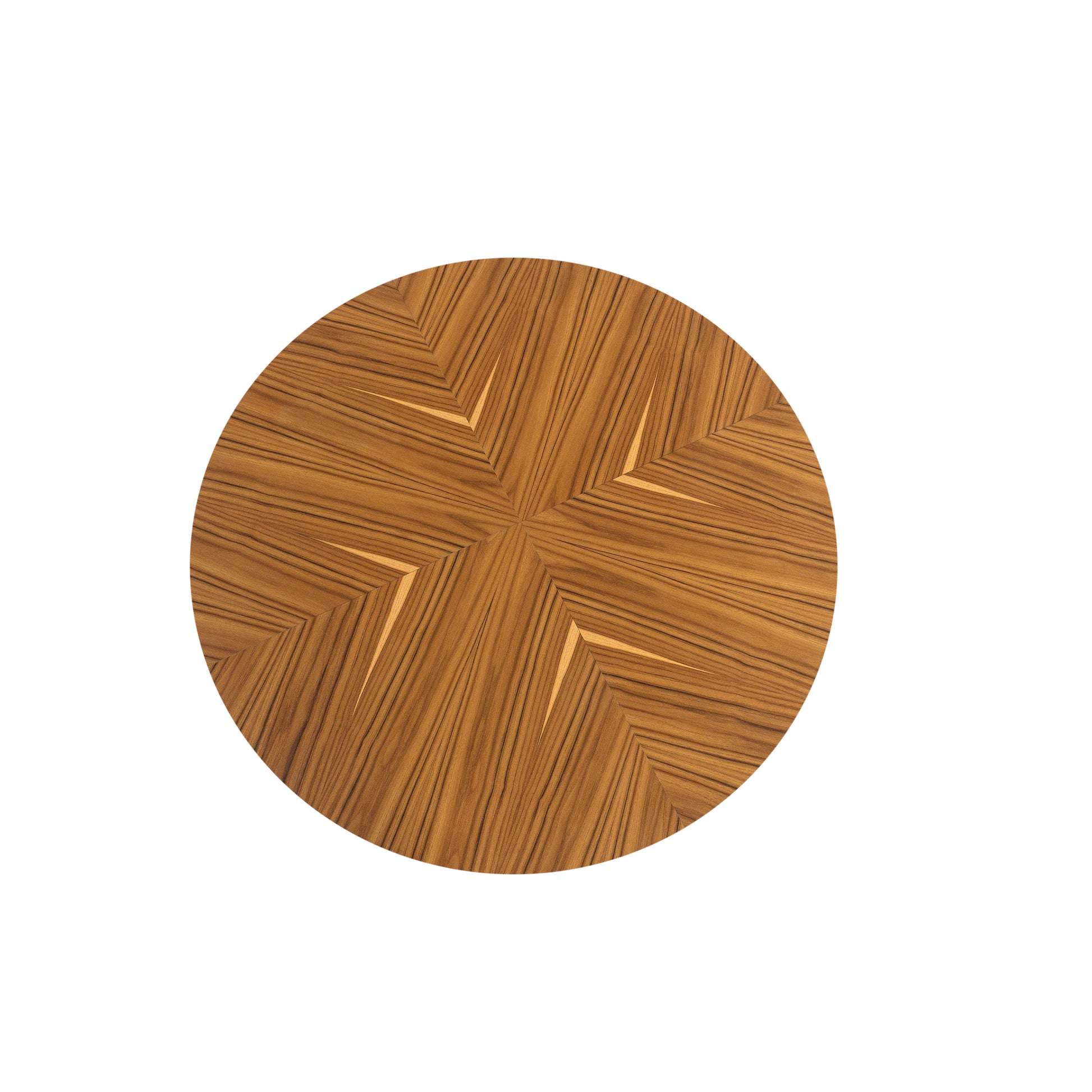 Round wooden coaster with a chevron pattern on a white background