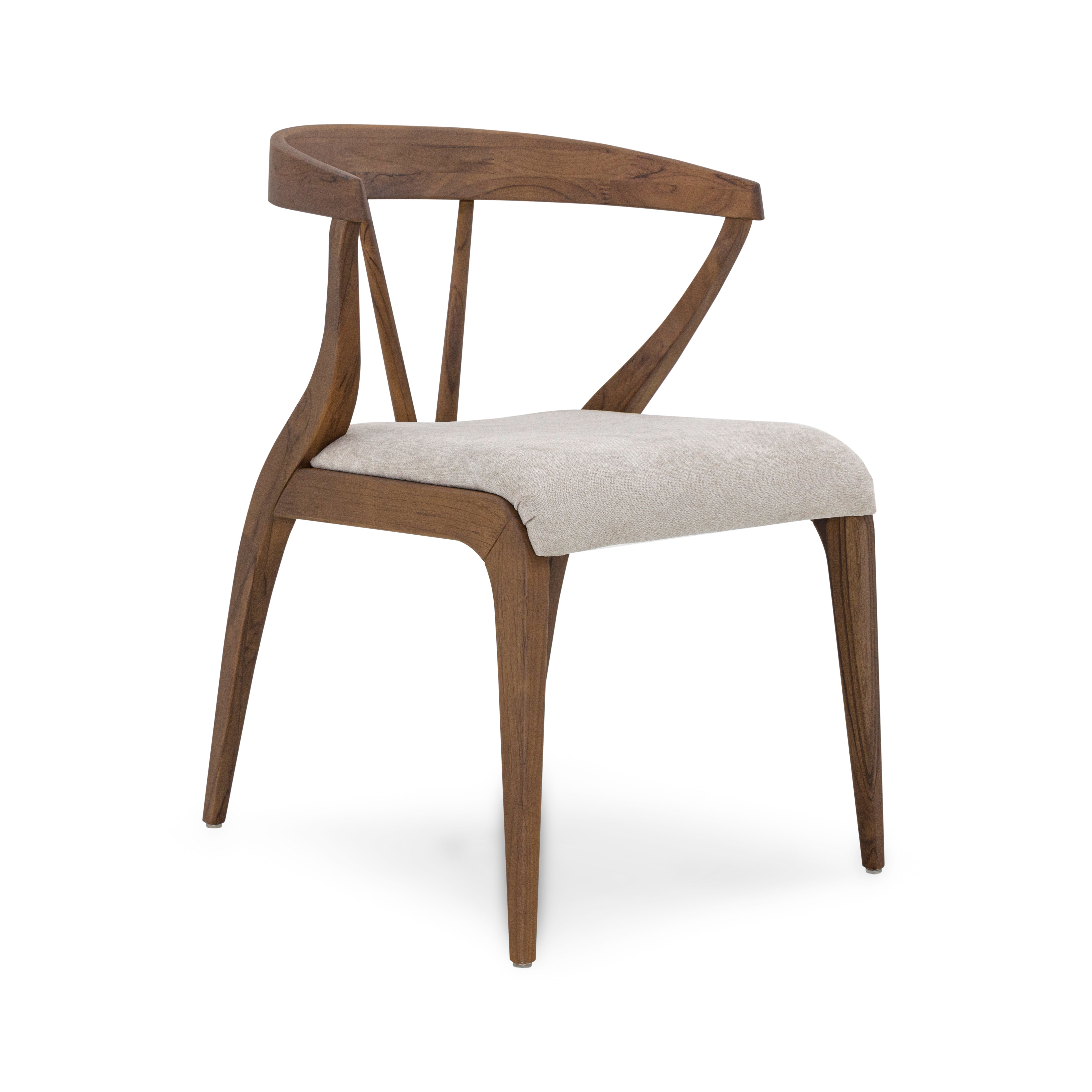 Chair with wooden frame and beige cushion on a white background
