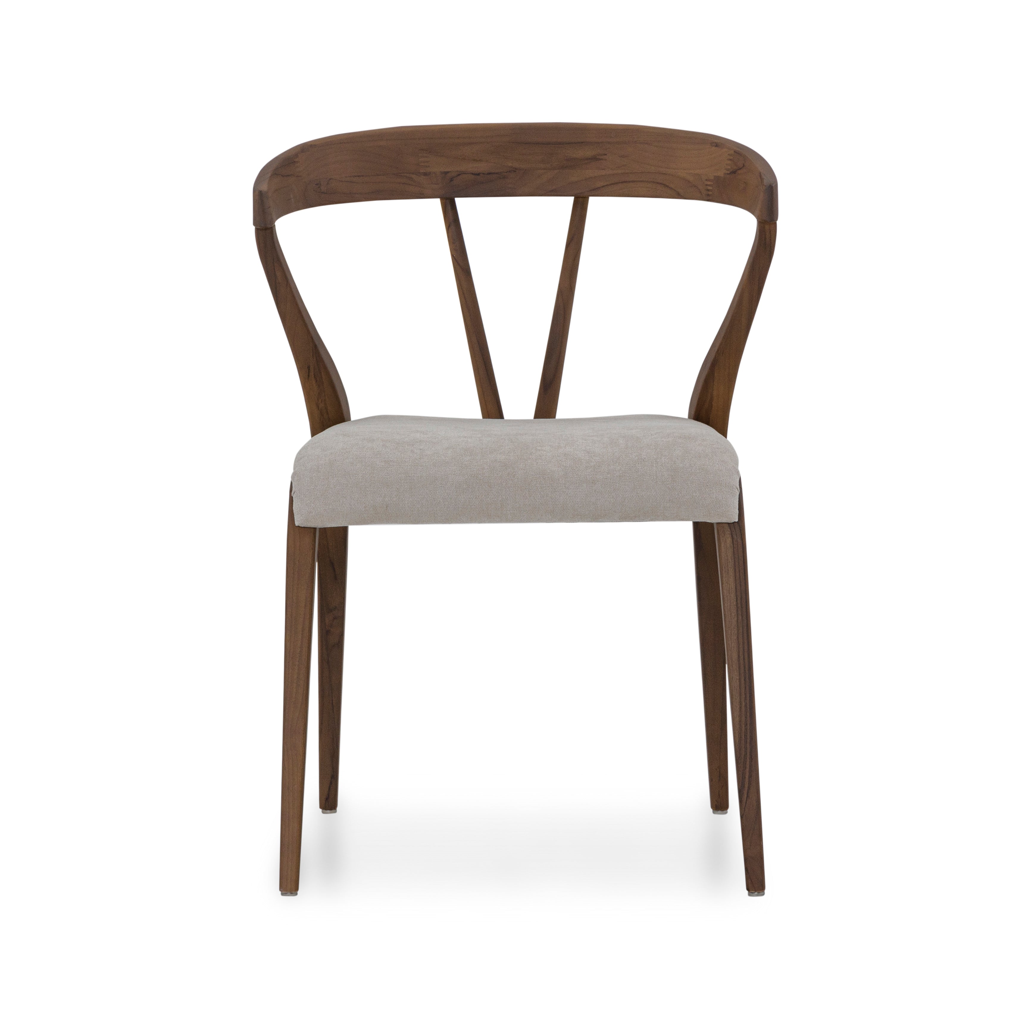 Dining chair with wooden frame and gray cushion on a white background