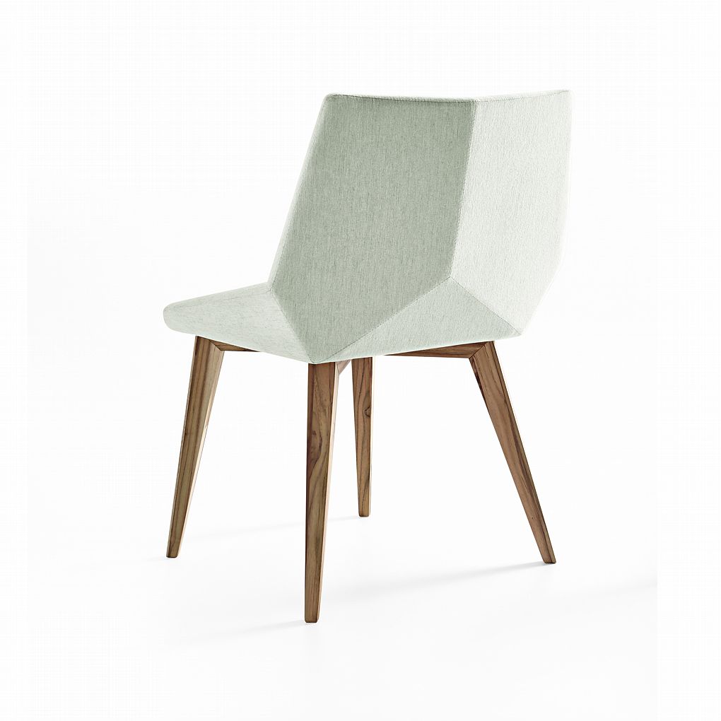 Chair with green cushioned seat and wooden legs on a white background