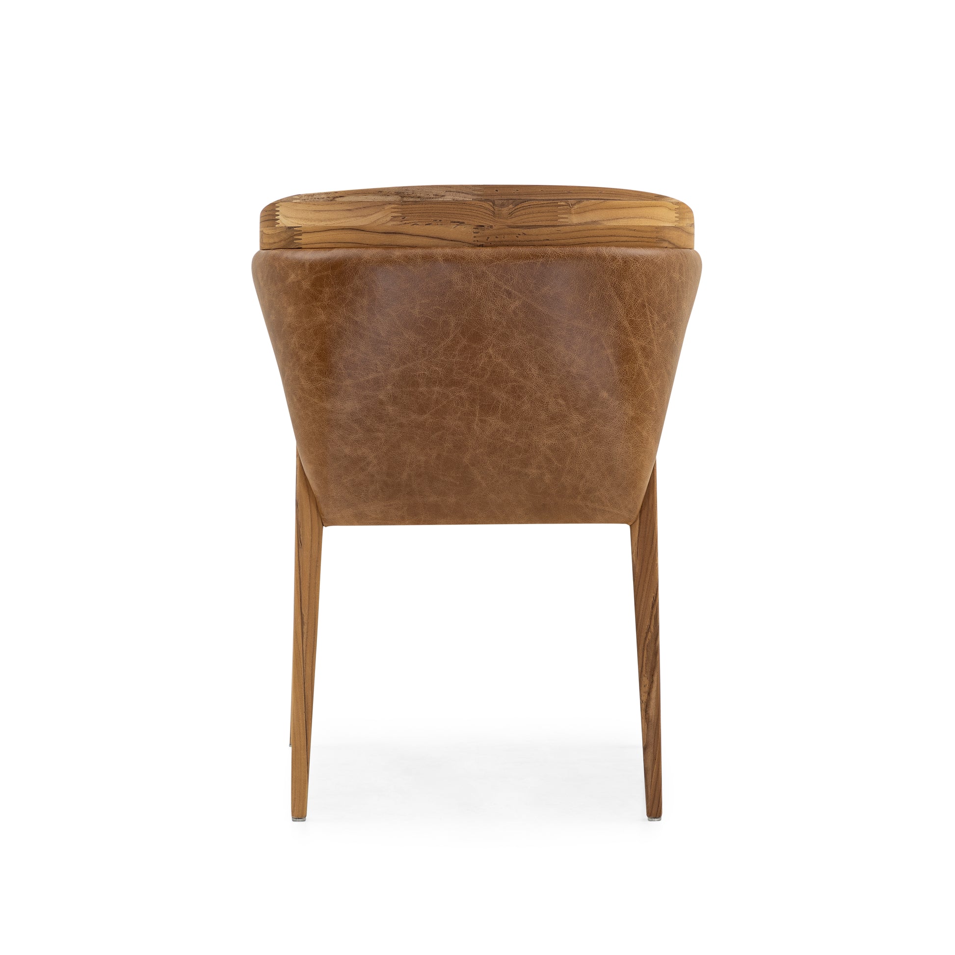 Brown leather chair with wooden accents on a white background