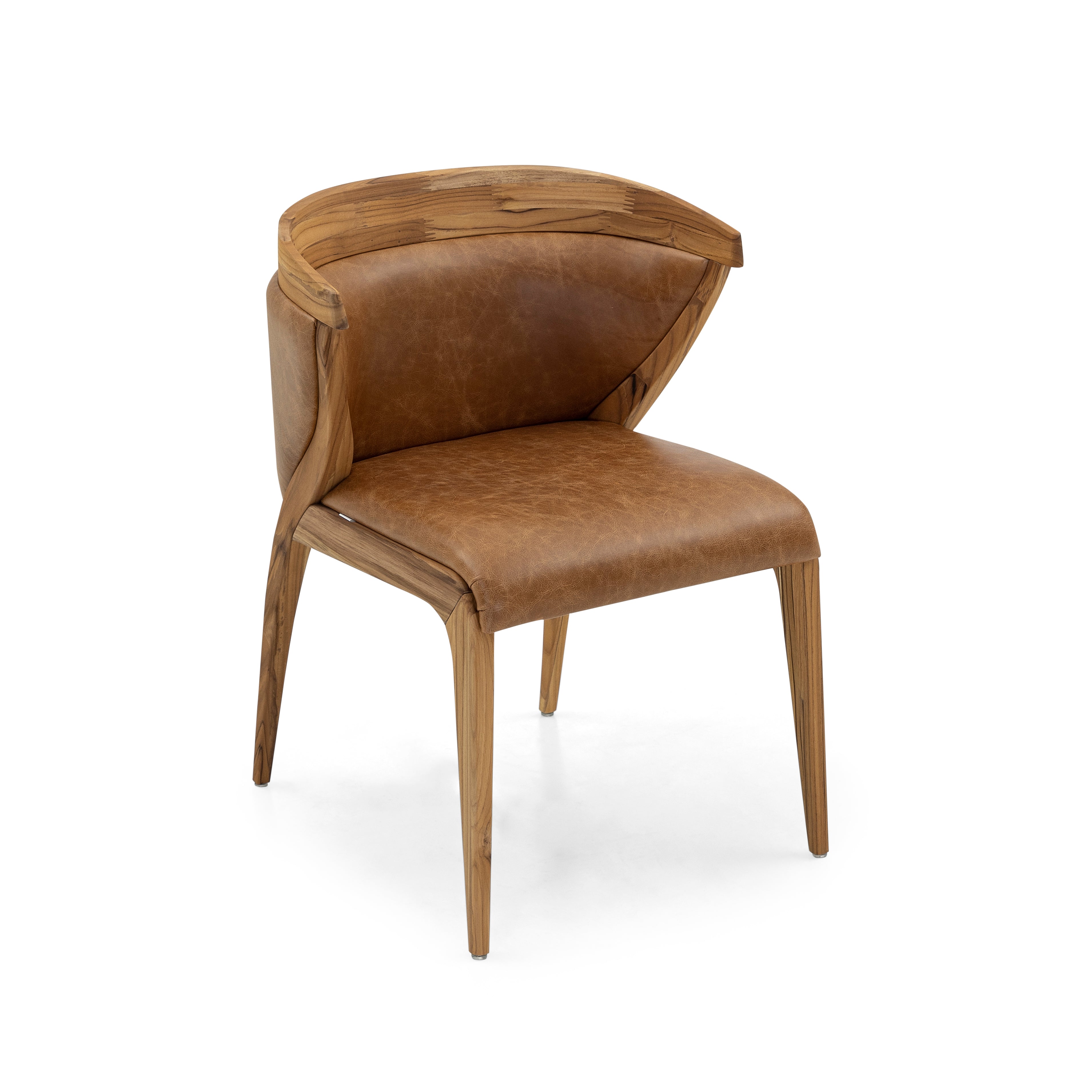 Brown leather chair with wooden frame on a white background