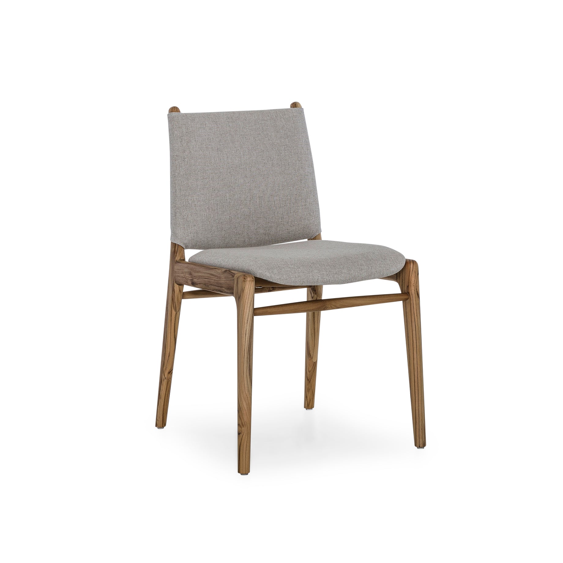 A modern dining chair with a teak wood frame and oatmeal fabric seat and backrest.