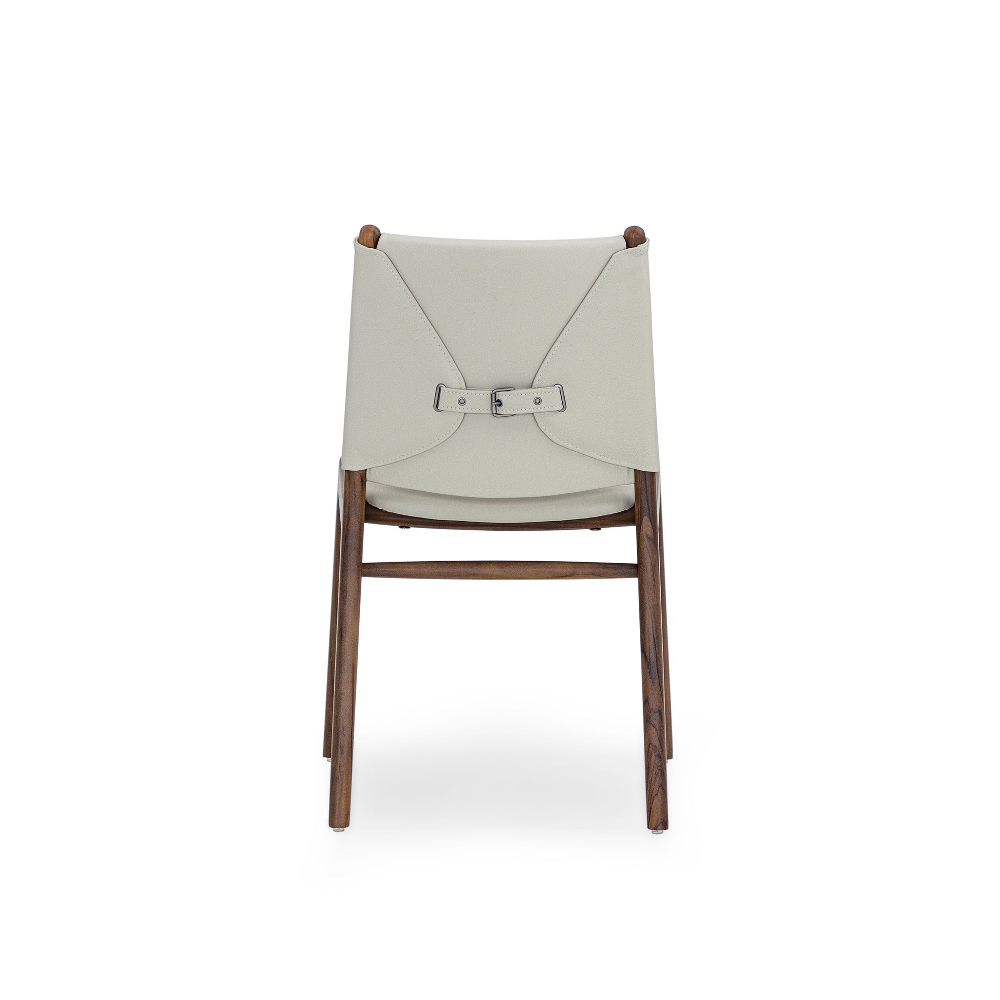 Chair with a beige cushion and wooden frame on a white background