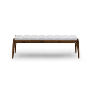 Wooden bench with white cushion on a white background
