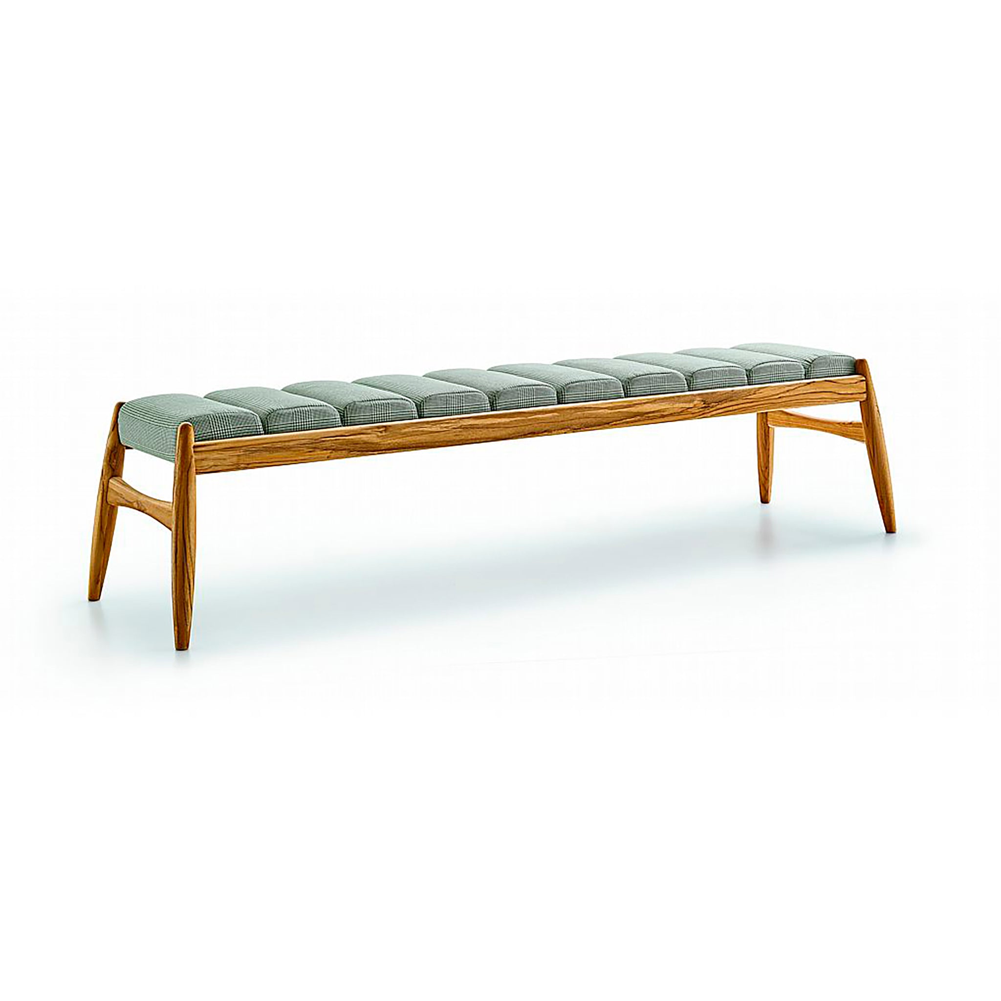 Wooden bench with green cushion on a white background