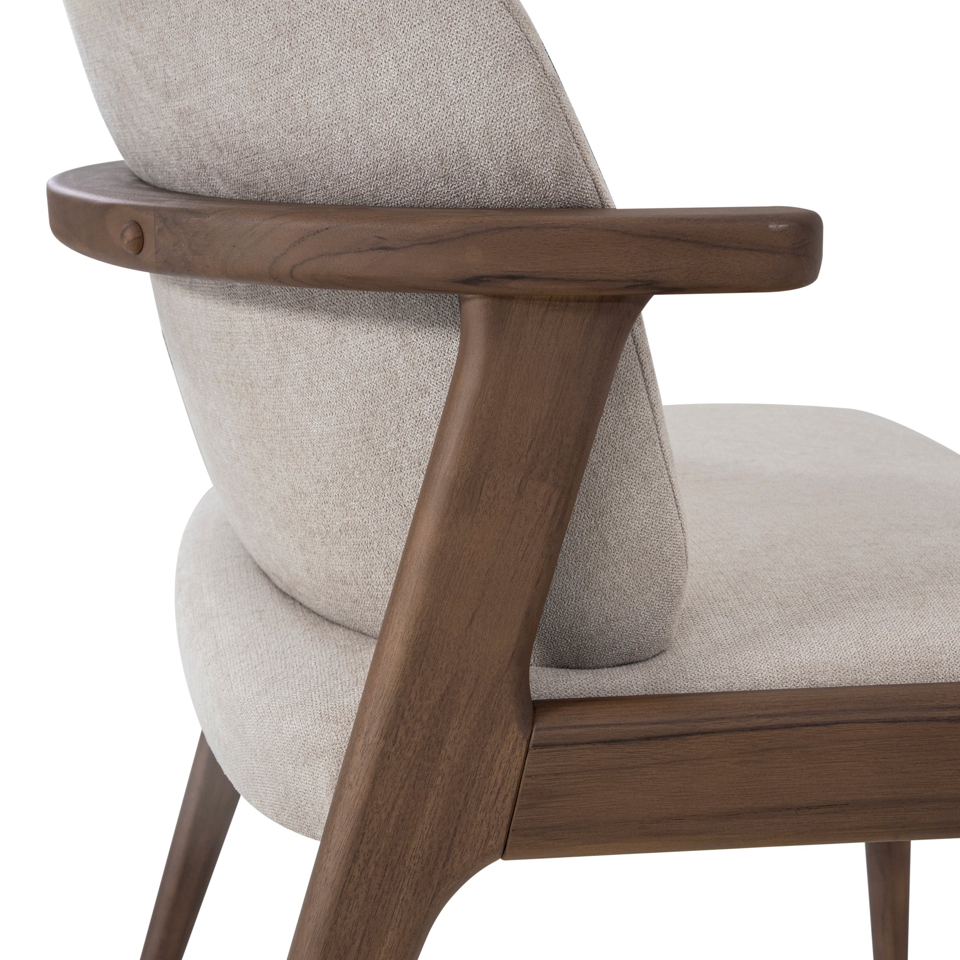 Close-up of a chair with wooden armrests and legs on a white background