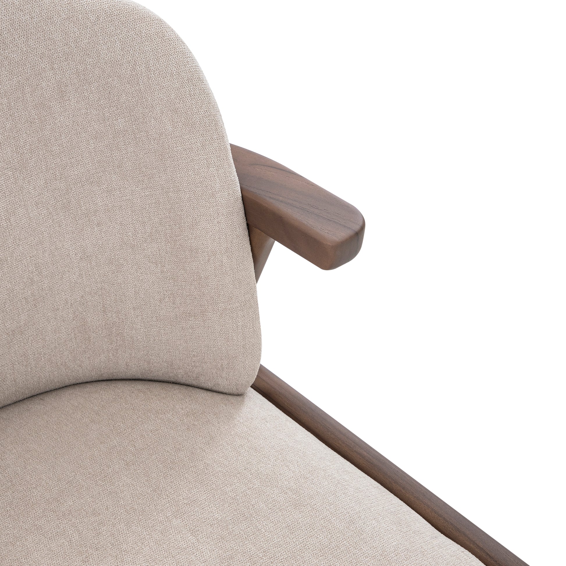 Close-up of a beige upholstered chair with wooden armrests on a white background