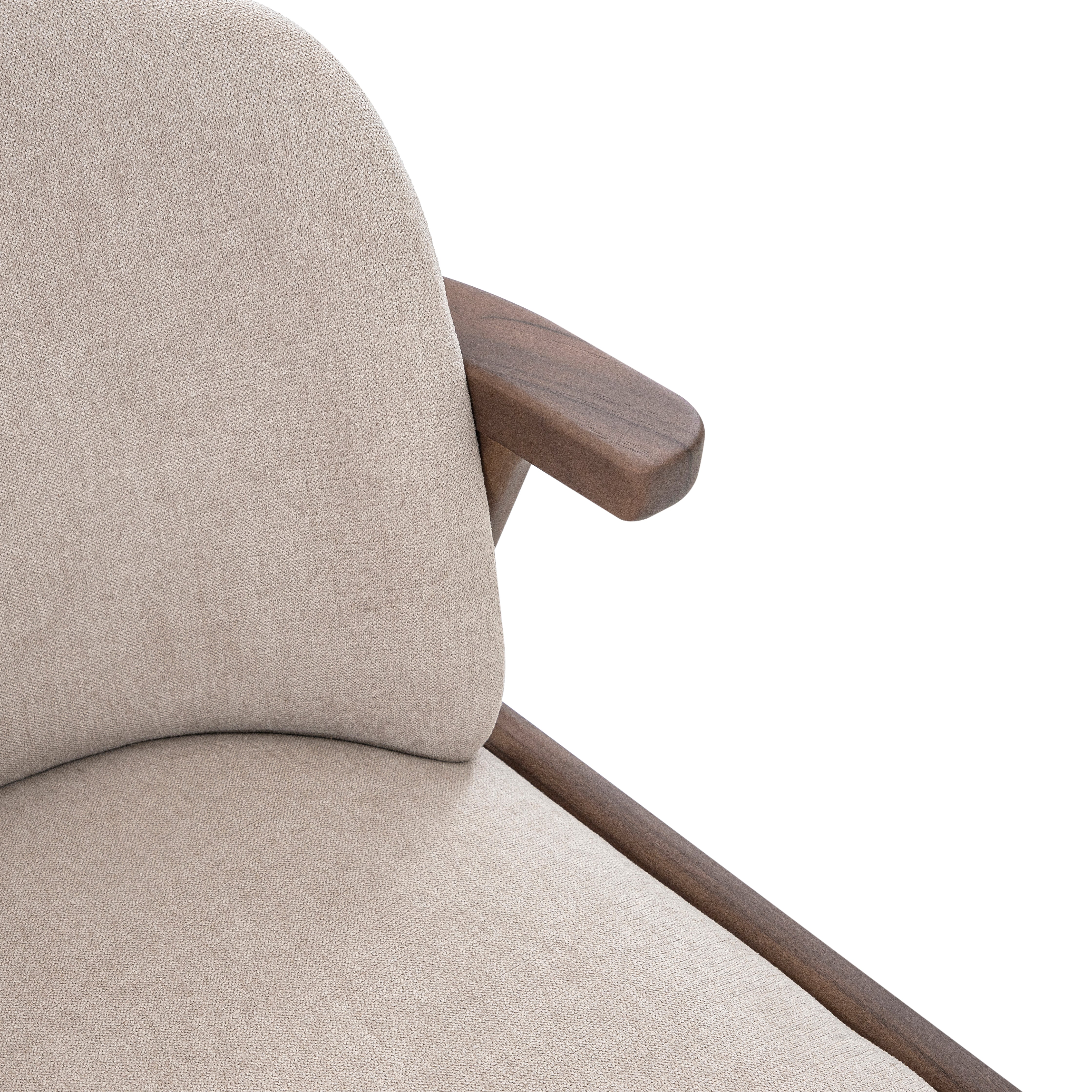 Close-up of a beige upholstered chair with wooden armrests on a white background