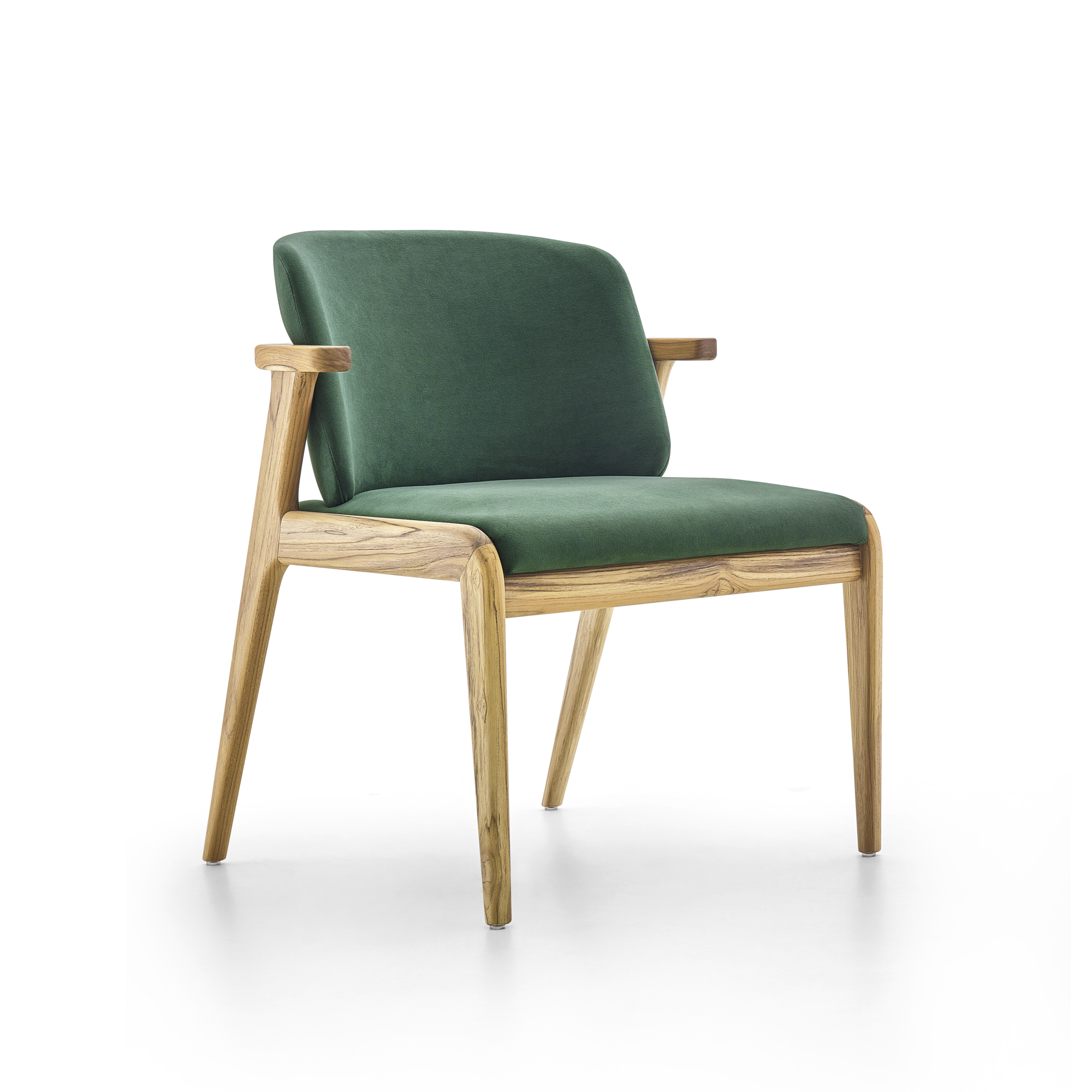 Green upholstered chair with wooden frame on a white background