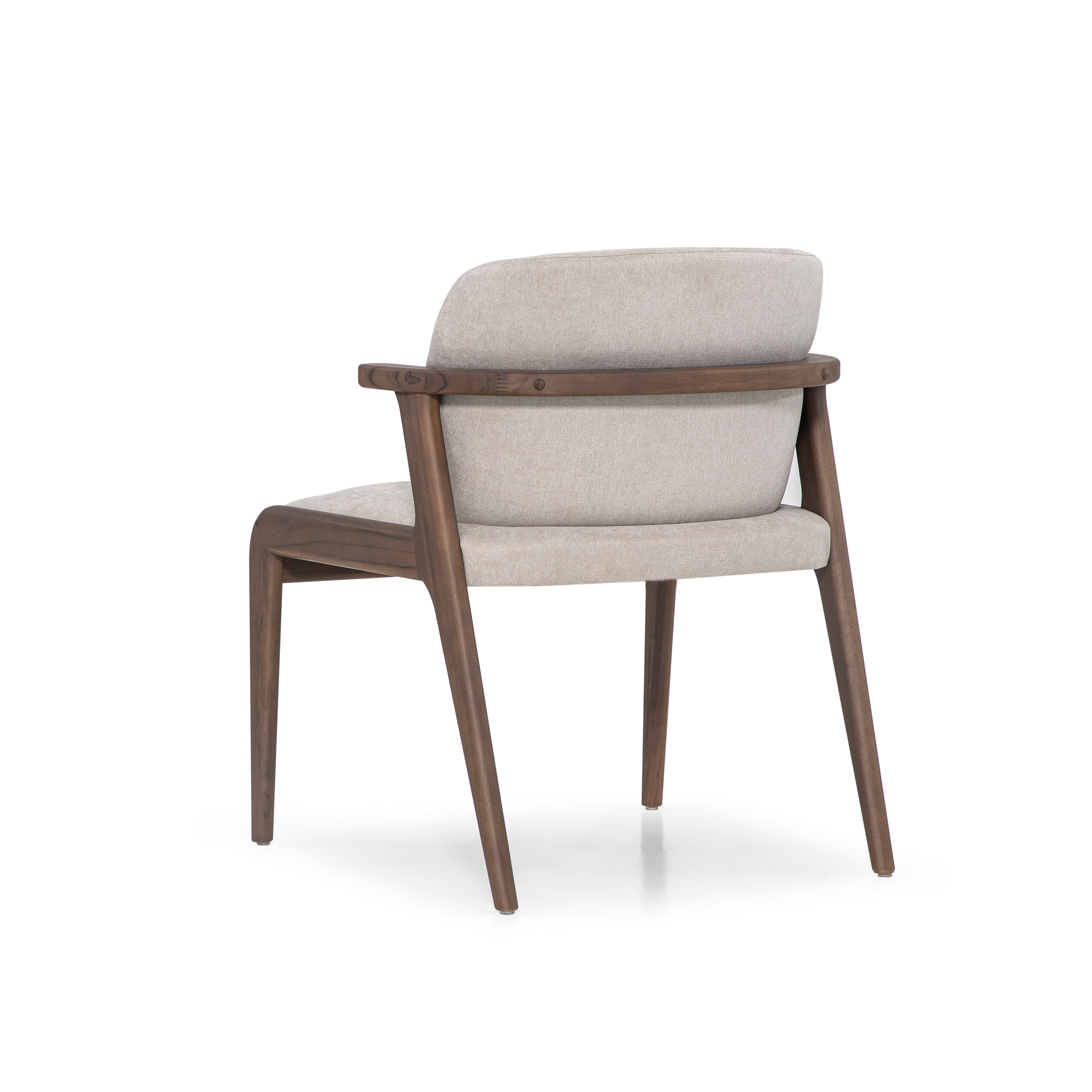 Chair with wooden frame and beige cushion on a white background