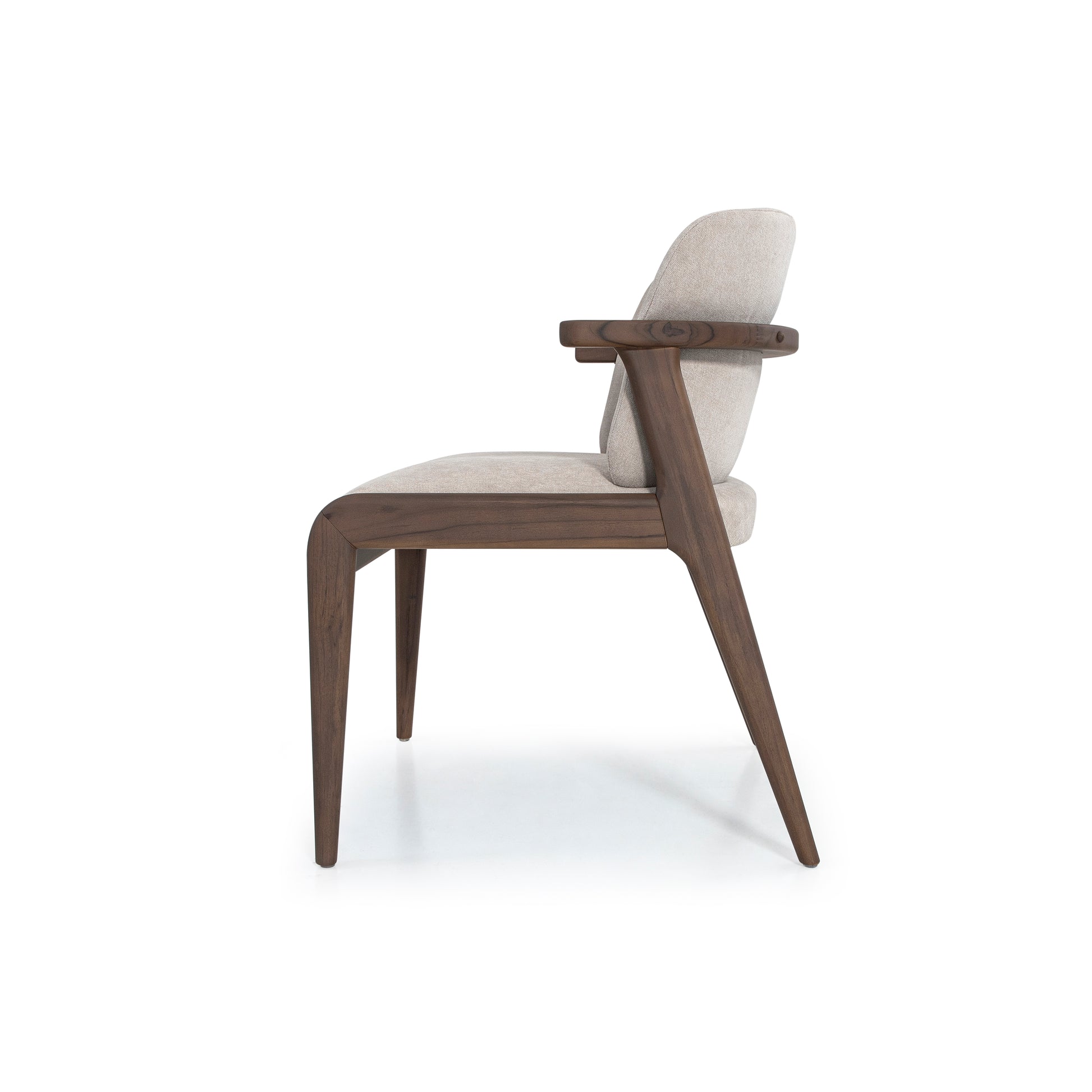 Chair with wooden frame and beige cushion on a white background