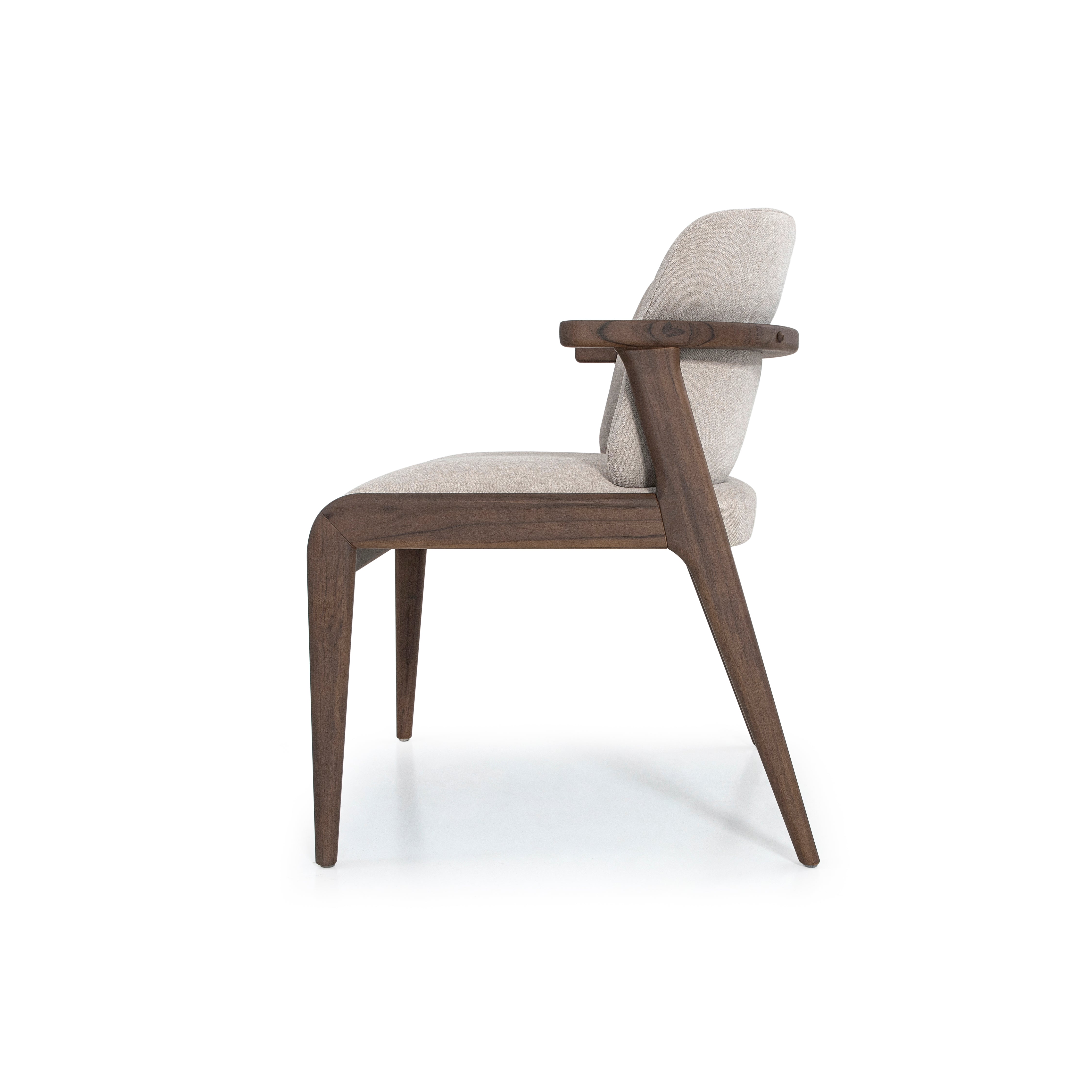 Chair with wooden frame and beige cushion on a white background