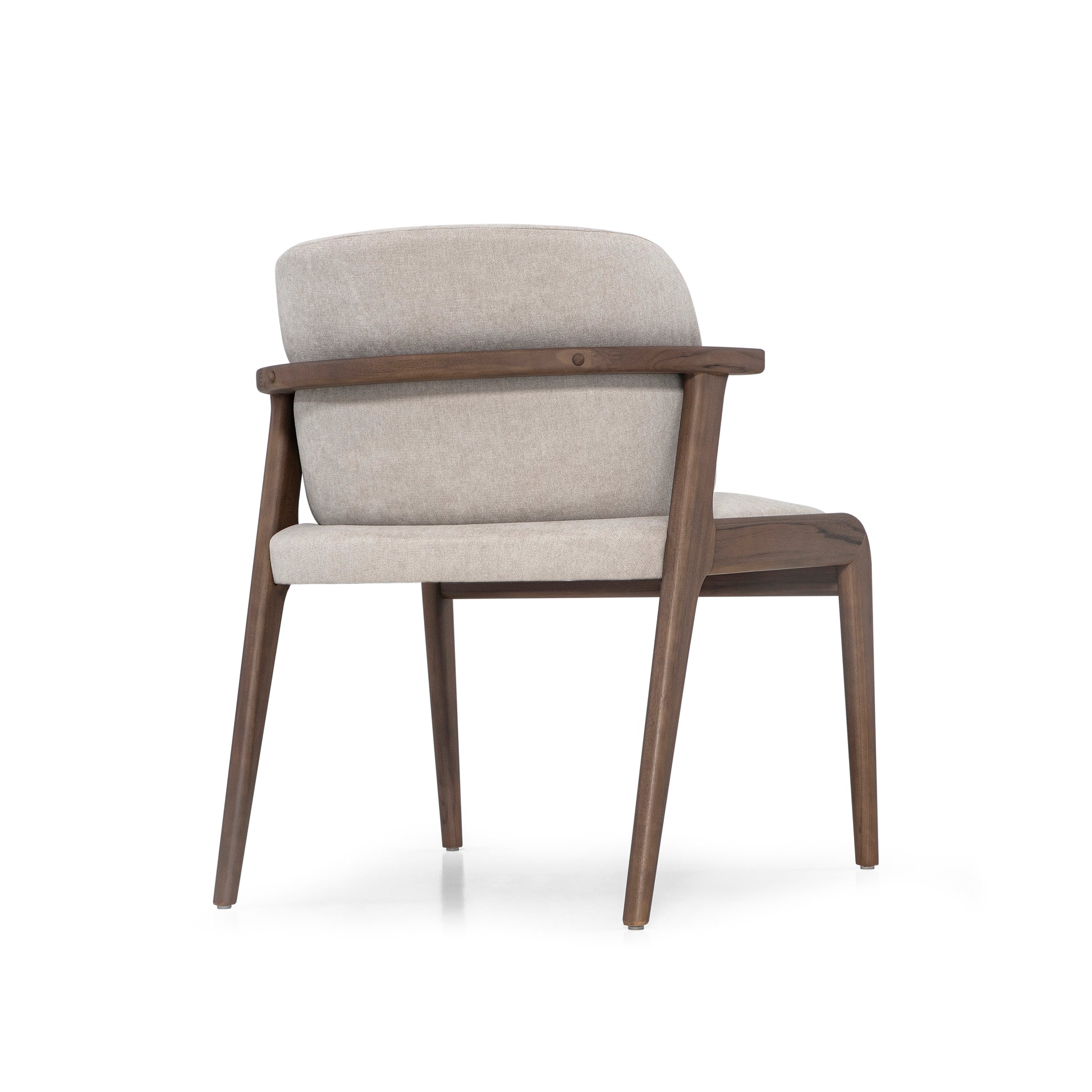 Chair with wooden frame and beige cushion on a white background