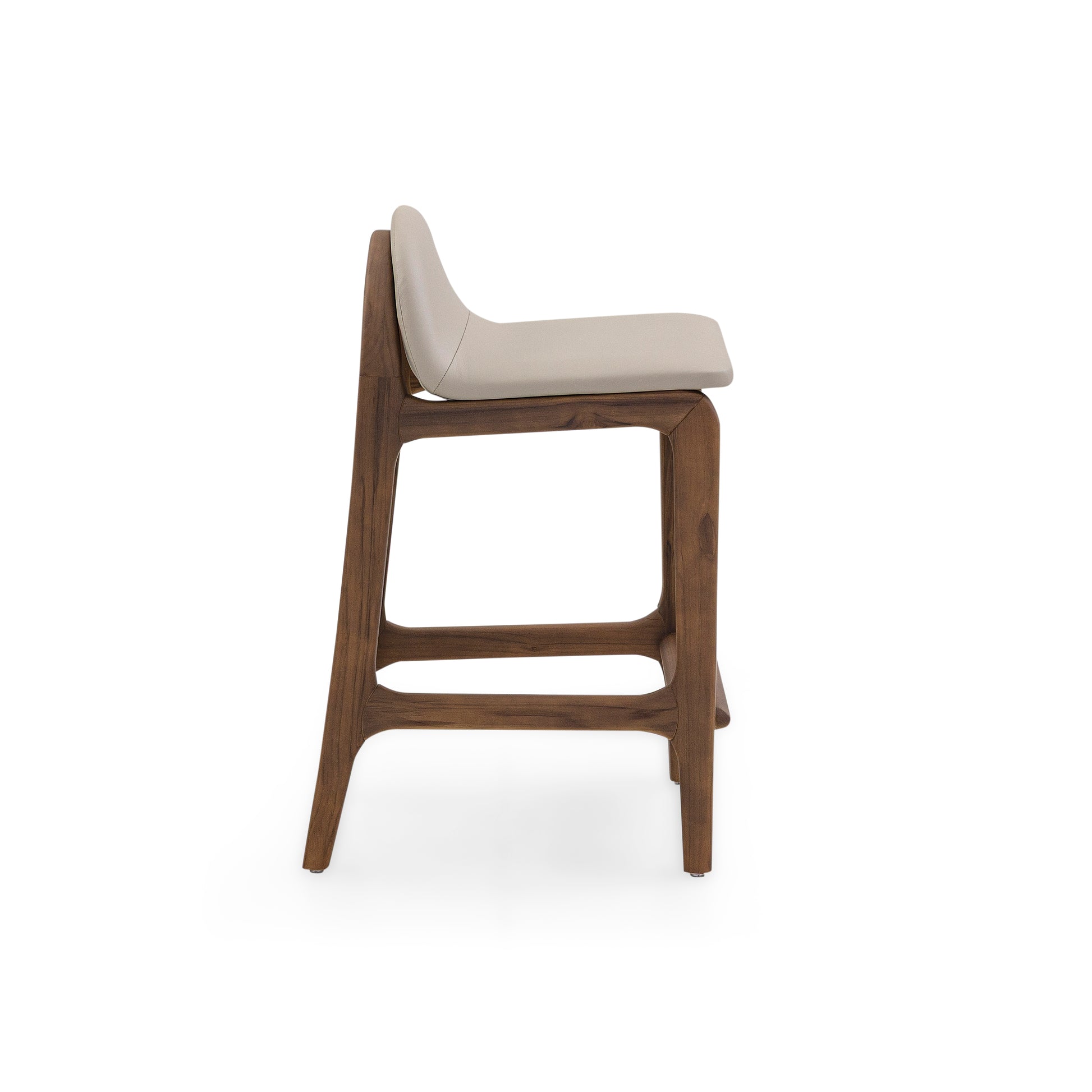 Bar stool with wooden frame and beige cushioned seat on a white background