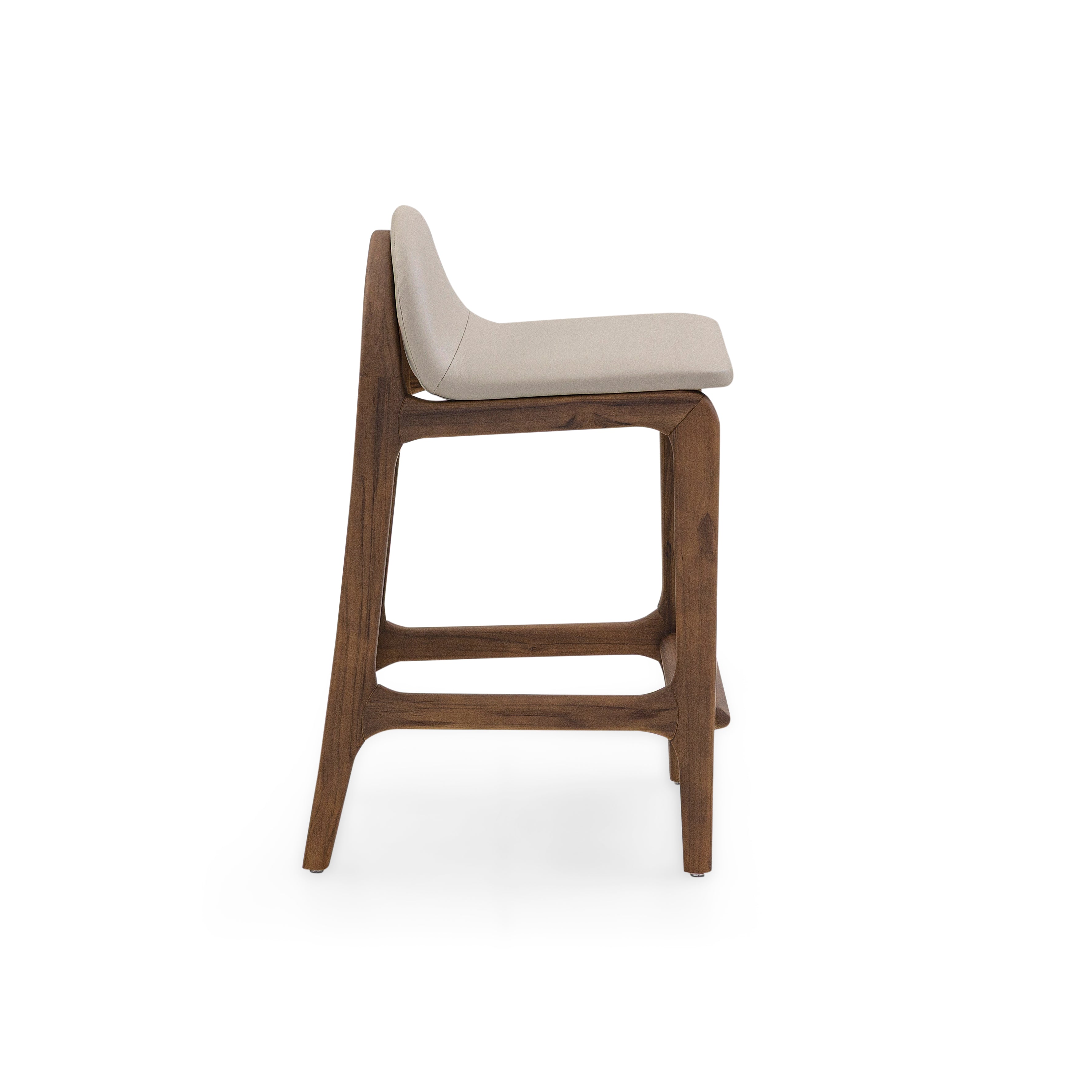 Bar stool with wooden frame and beige cushioned seat on a white background