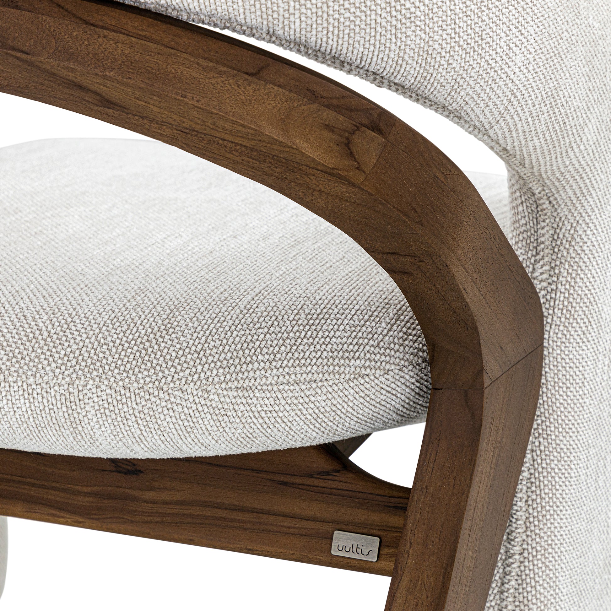 Close-up of a wooden chair with white cushioned seat and backrest, featuring the brand 'Woltu' on a white background.