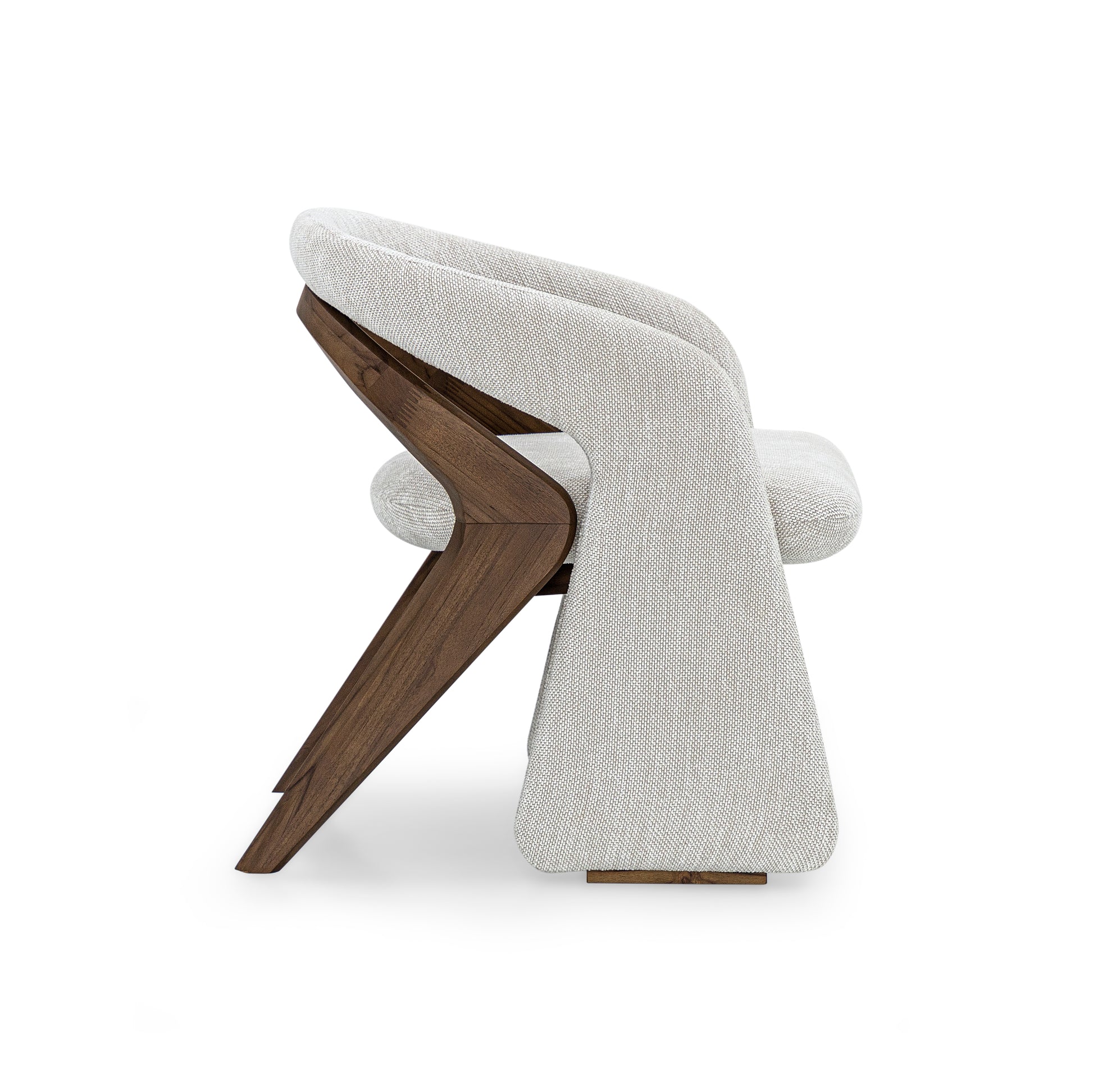 Modern chair with wooden legs and gray fabric backrest on a white background