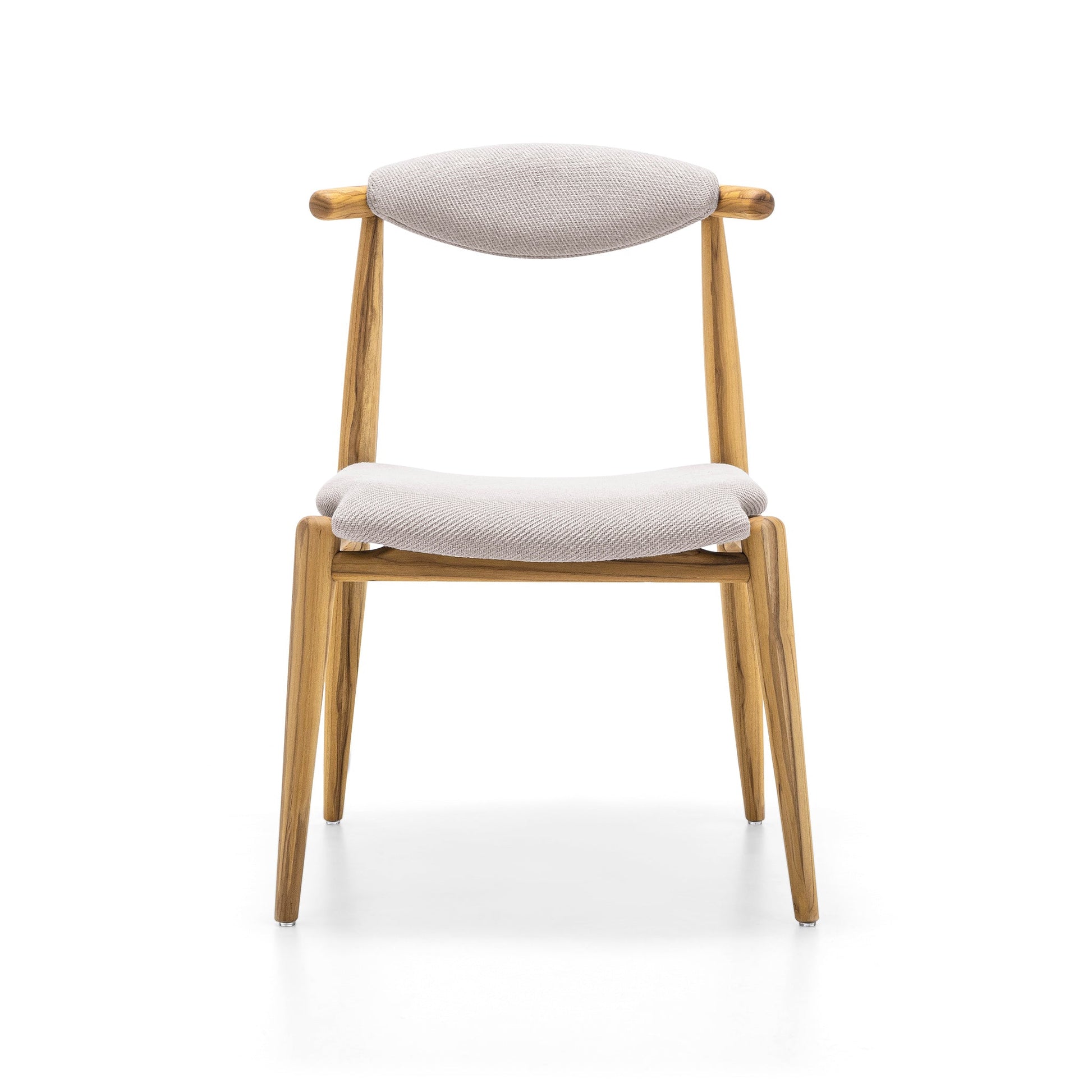 Chair with wooden frame and gray cushion on a white background