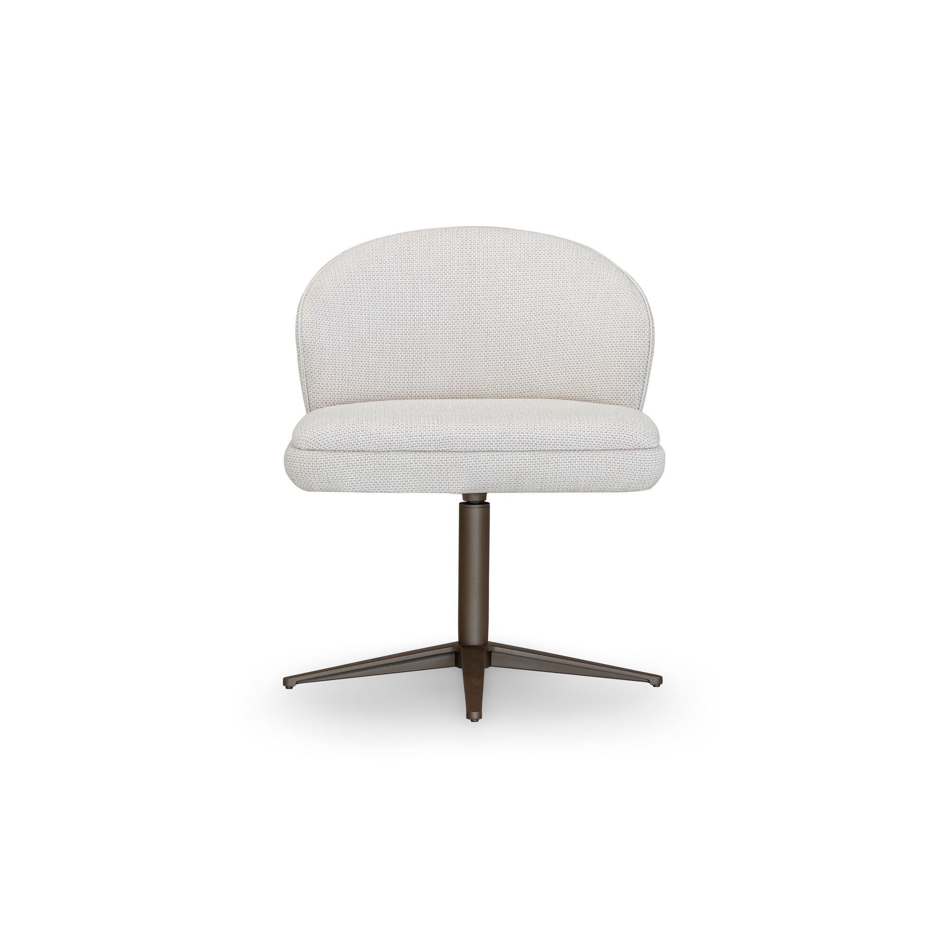 White upholstered chair with a dark metal base on a white background