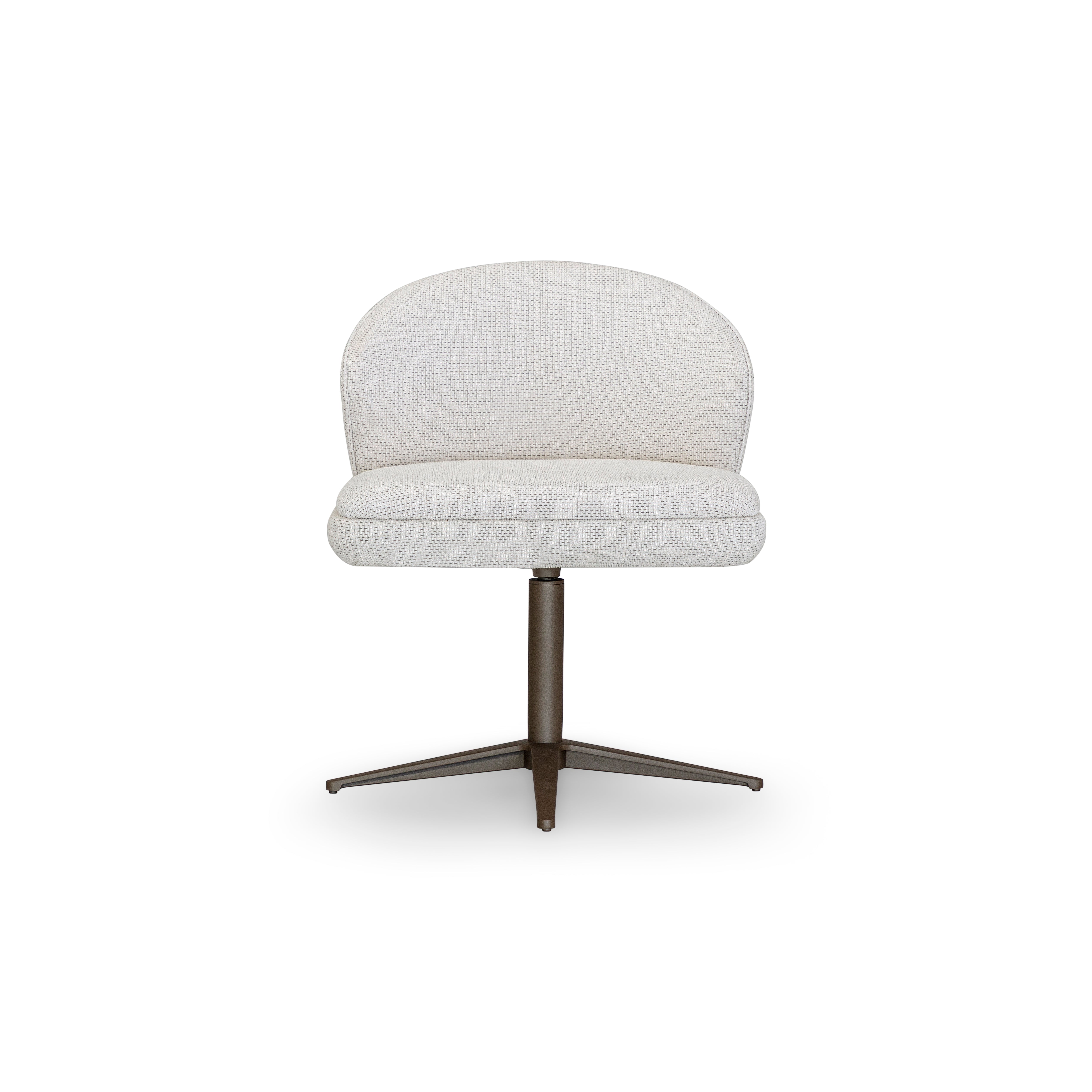 White upholstered chair with a dark metal base on a white background