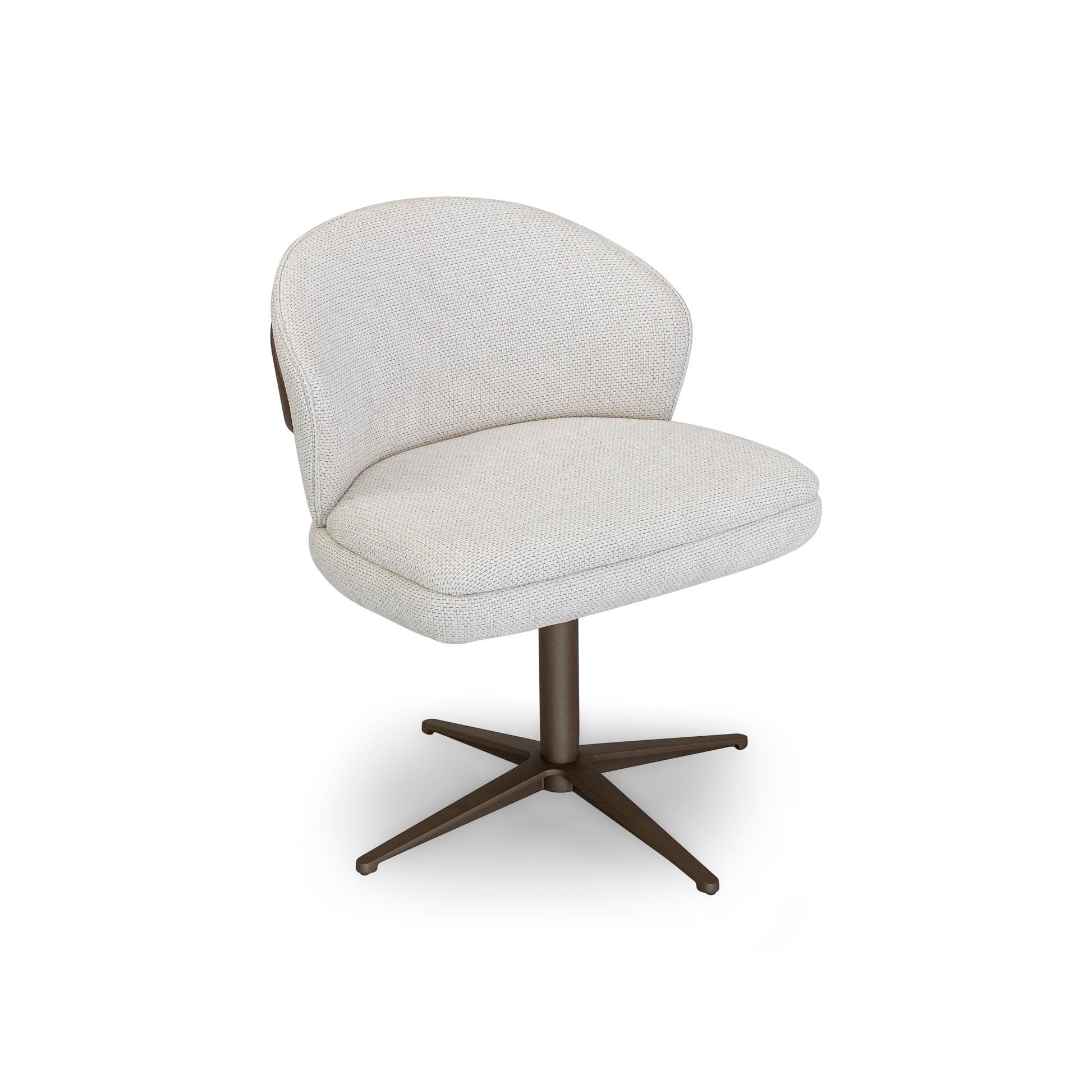 White swivel chair with a brown metal base on a white background