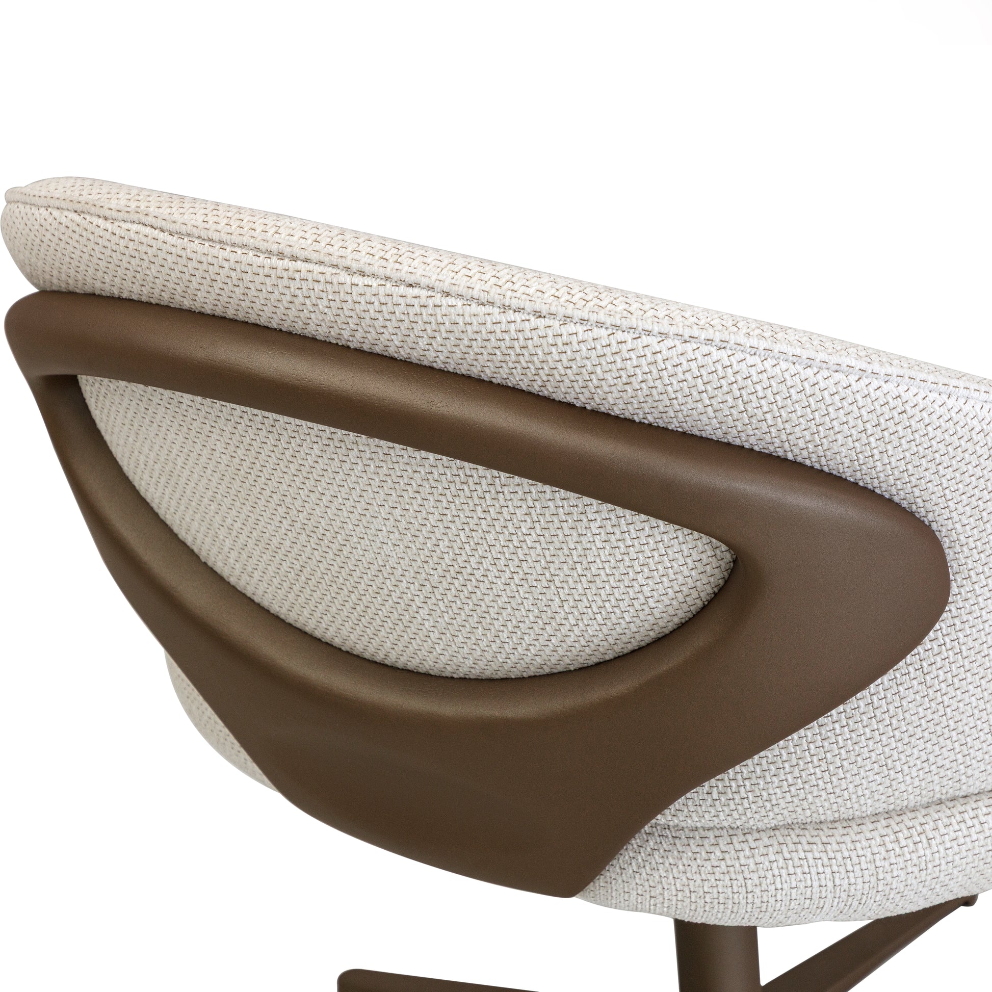 Close-up of a chair with brown armrests and white cushioned backrest on a white background